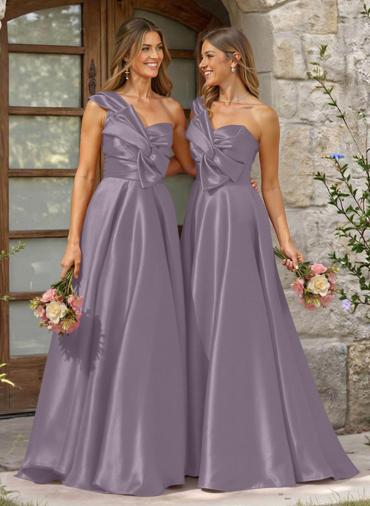 A-Line One-Shoulder Sleeveless Sweep Train Satin Bridesmaid Dresses, product image 29