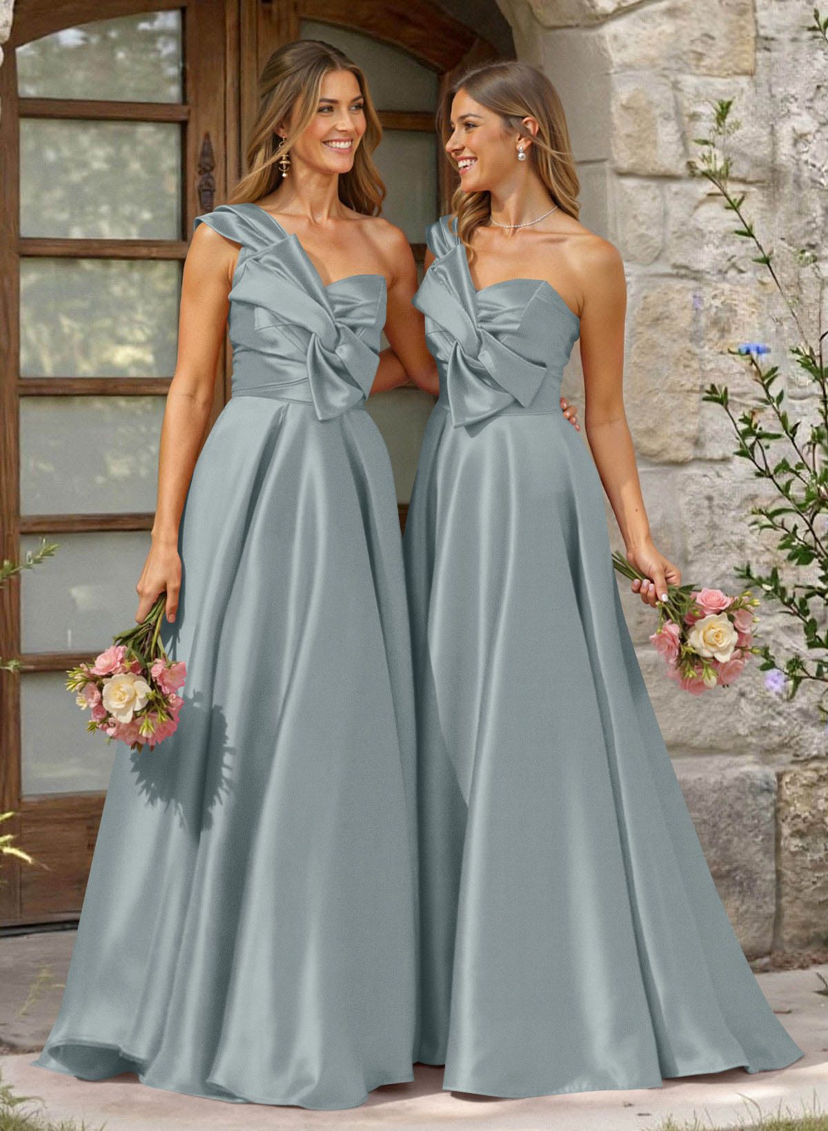 A-Line One-Shoulder Sleeveless Sweep Train Satin Bridesmaid Dresses, product image 5