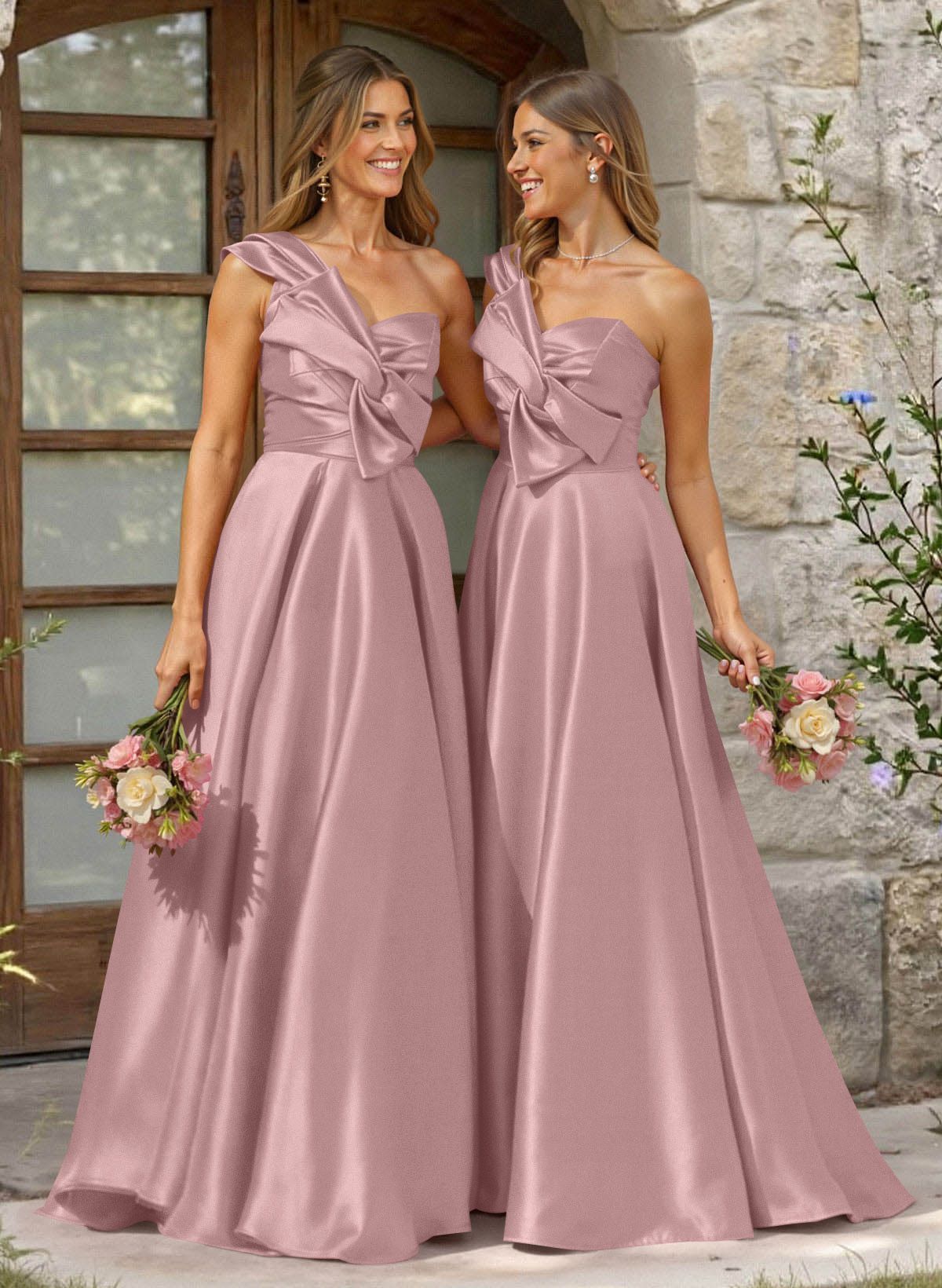 A-Line One-Shoulder Sleeveless Sweep Train Satin Bridesmaid Dresses, product image 22