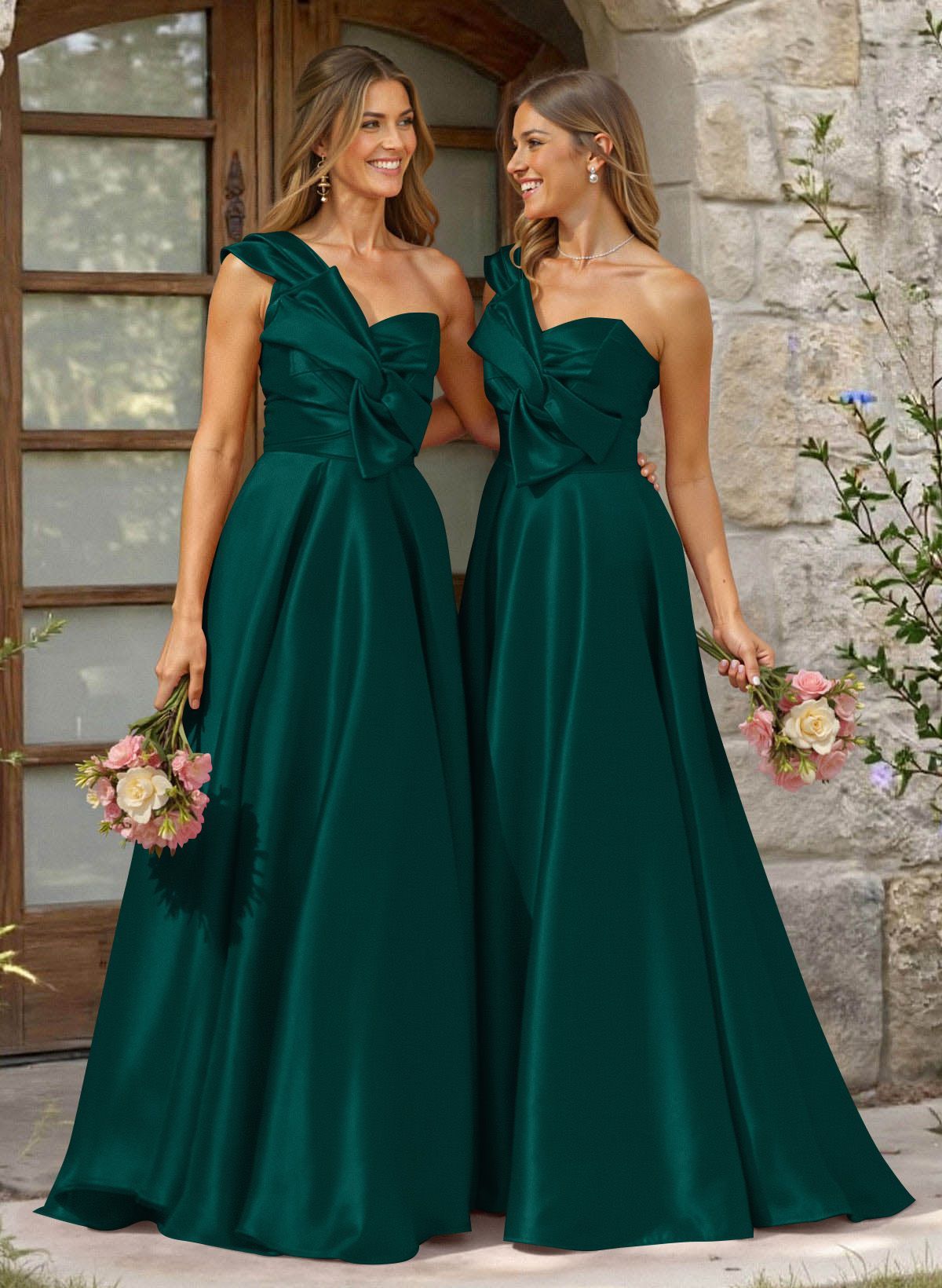 A-Line One-Shoulder Sleeveless Sweep Train Satin Bridesmaid Dresses, product image 66
