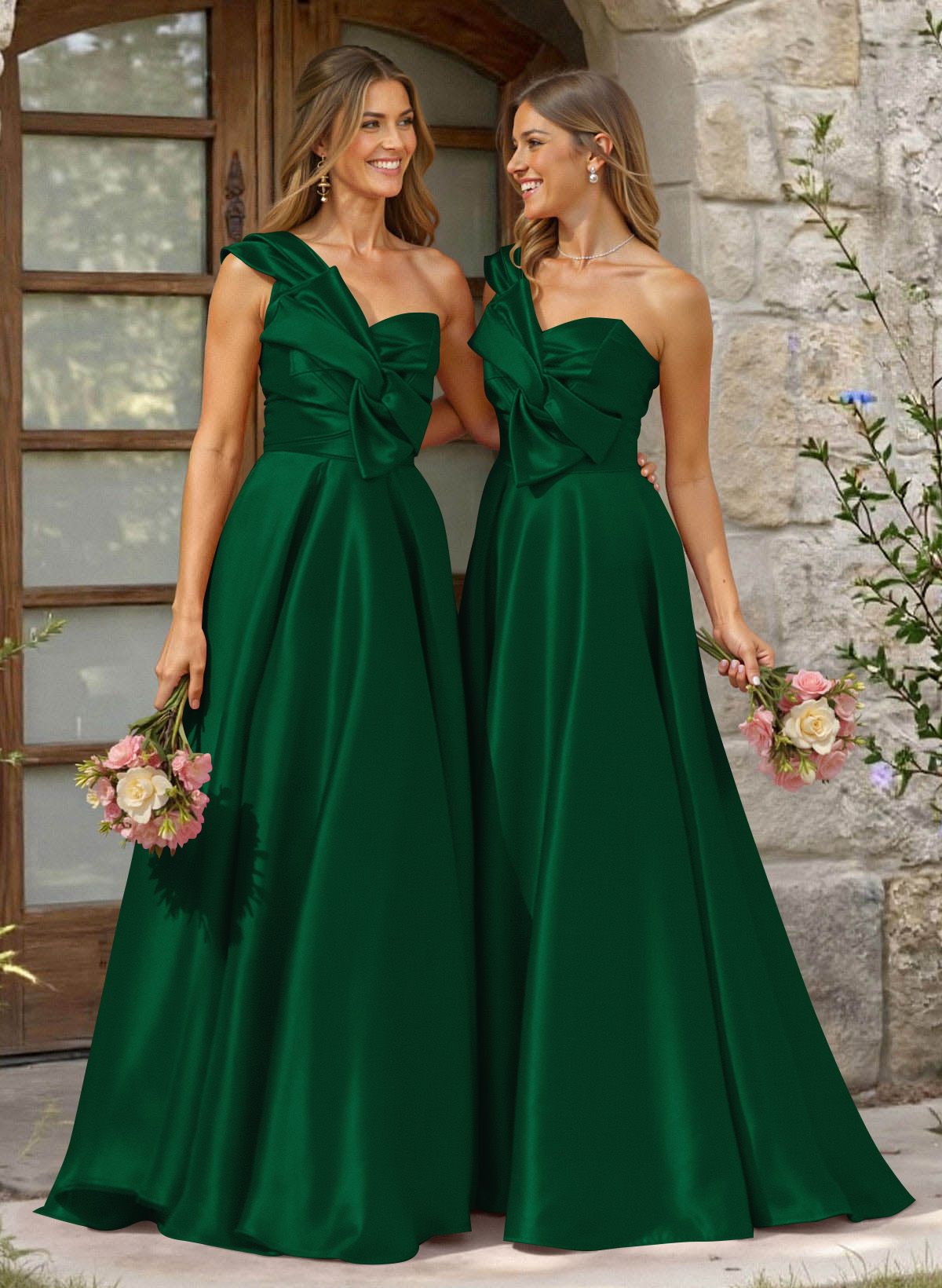 A-Line One-Shoulder Sleeveless Sweep Train Satin Bridesmaid Dresses, product image 63