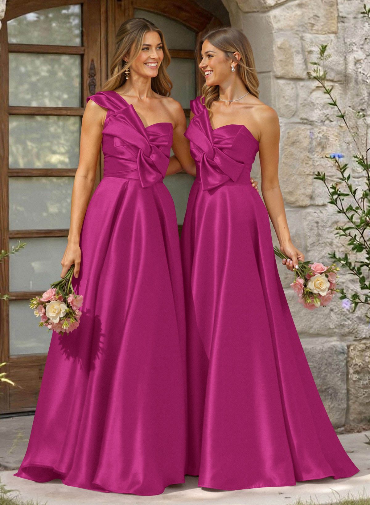 A-Line One-Shoulder Sleeveless Sweep Train Satin Bridesmaid Dresses, product image 38
