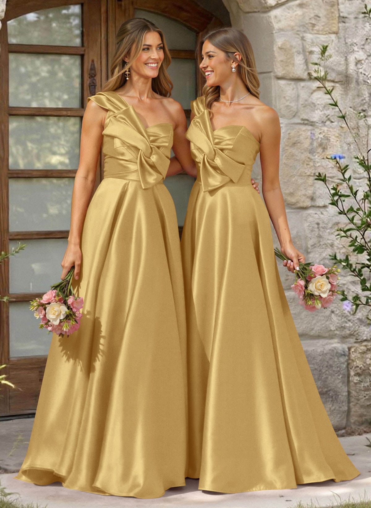 A-Line One-Shoulder Sleeveless Sweep Train Satin Bridesmaid Dresses, product image 51