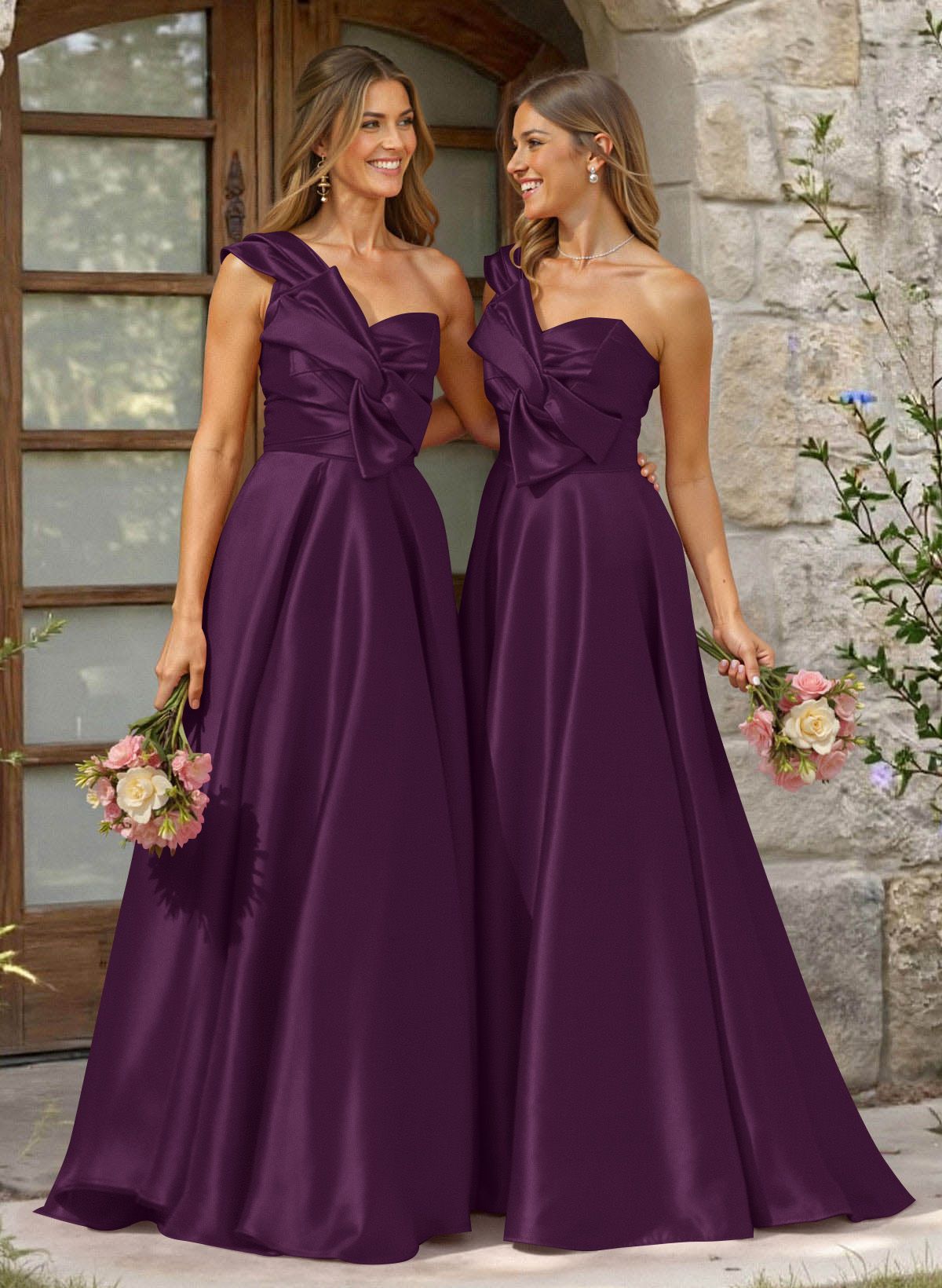 A-Line One-Shoulder Sleeveless Sweep Train Satin Bridesmaid Dresses, product image 36