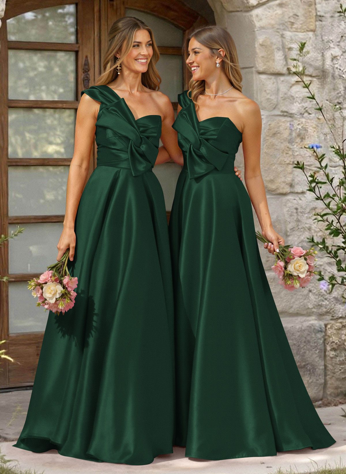 A-Line One-Shoulder Sleeveless Sweep Train Satin Bridesmaid Dresses, product image 41