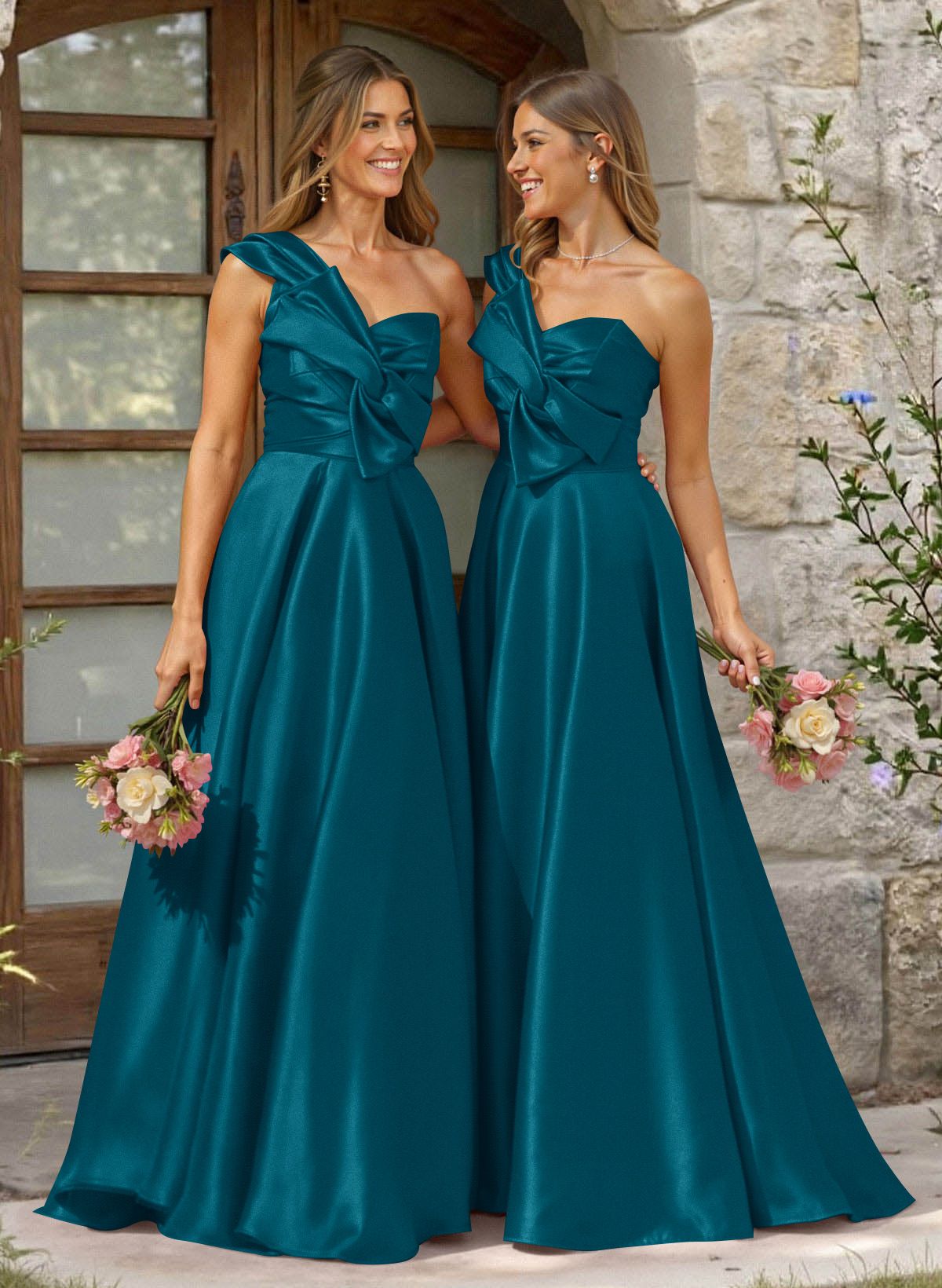 A-Line One-Shoulder Sleeveless Sweep Train Satin Bridesmaid Dresses, product image 8