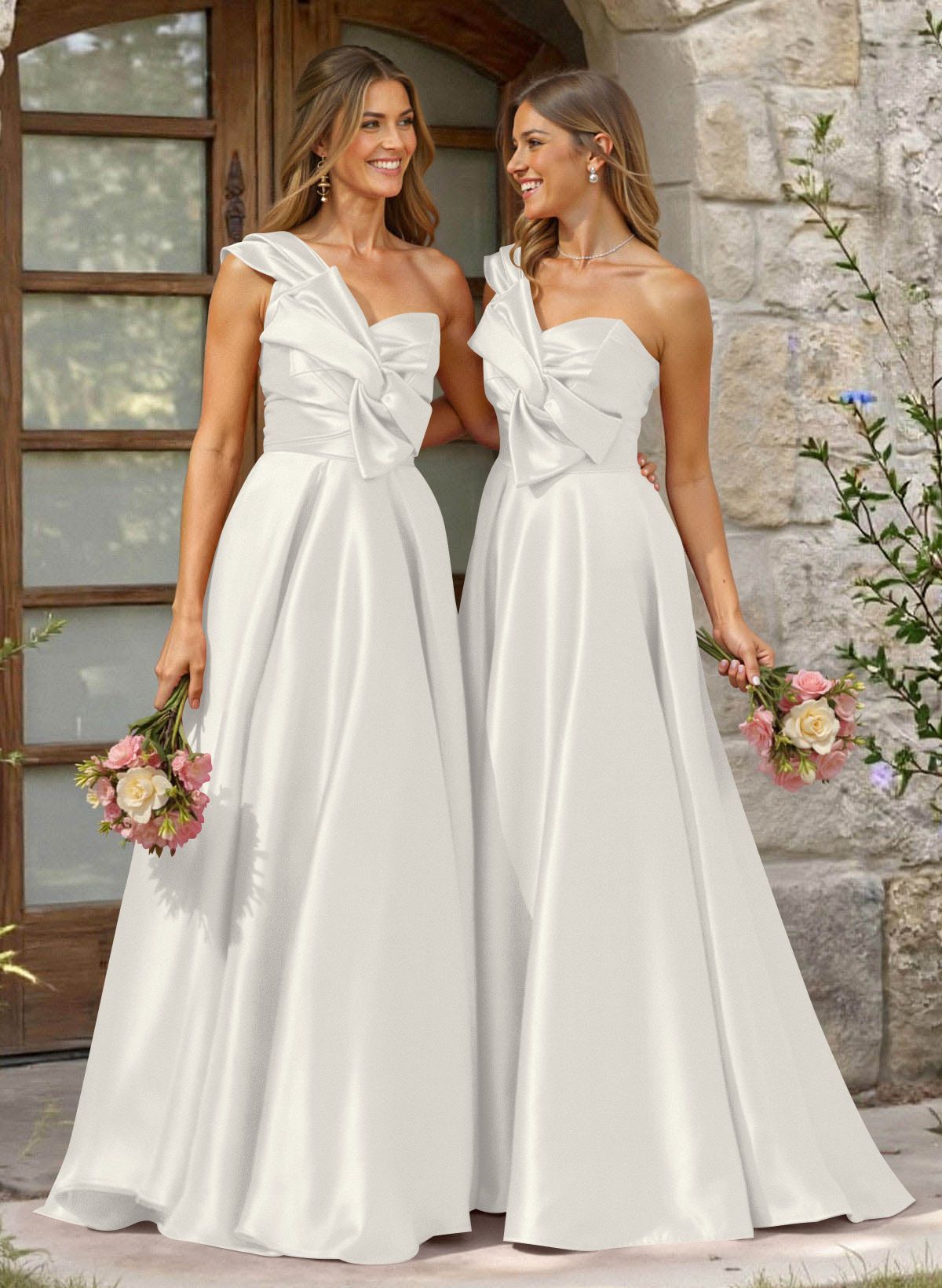 A-Line One-Shoulder Sleeveless Sweep Train Satin Bridesmaid Dresses, product image 55