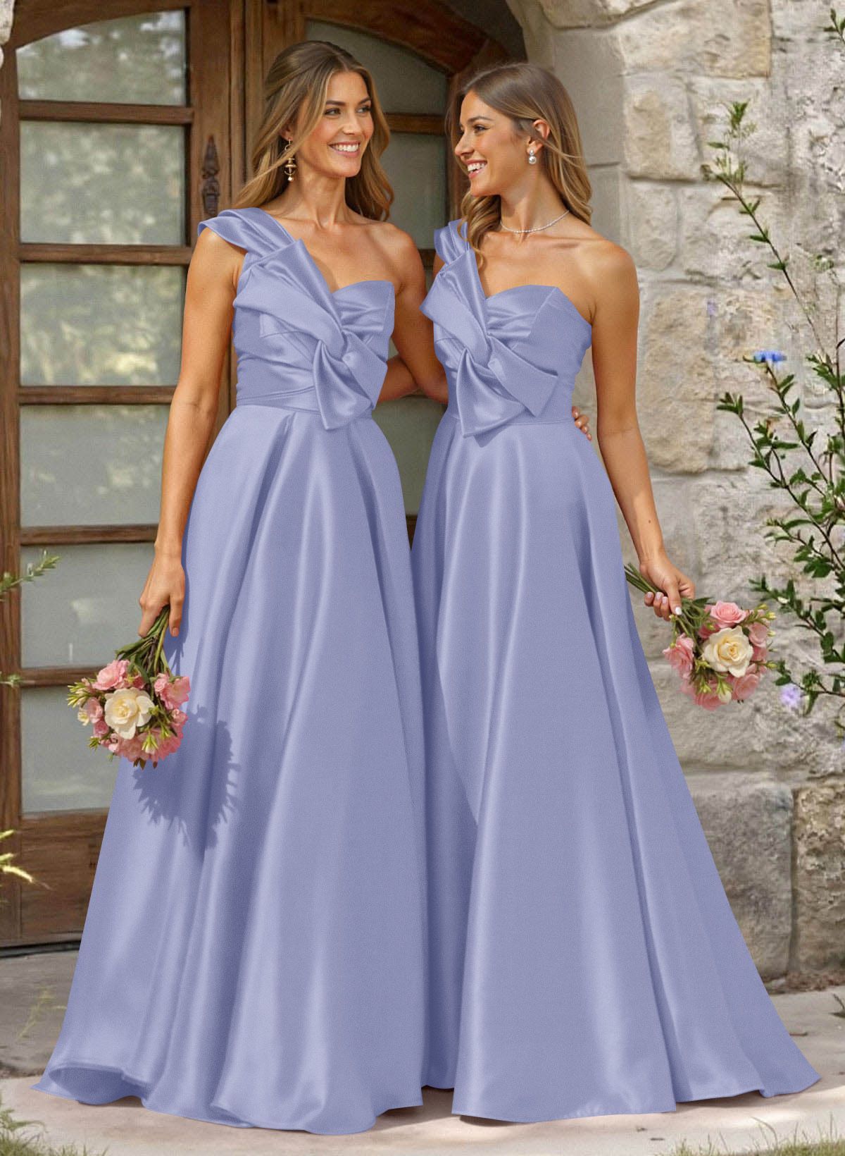 A-Line One-Shoulder Sleeveless Sweep Train Satin Bridesmaid Dresses, product image 34