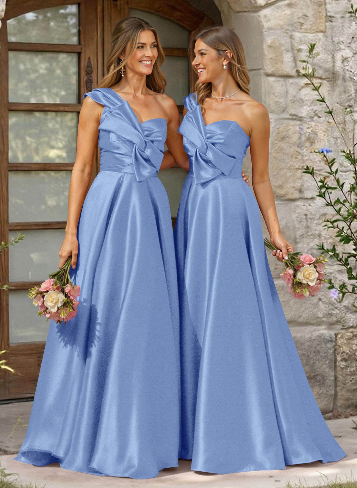 A-Line One-Shoulder Sleeveless Sweep Train Satin Bridesmaid Dresses, product image 12