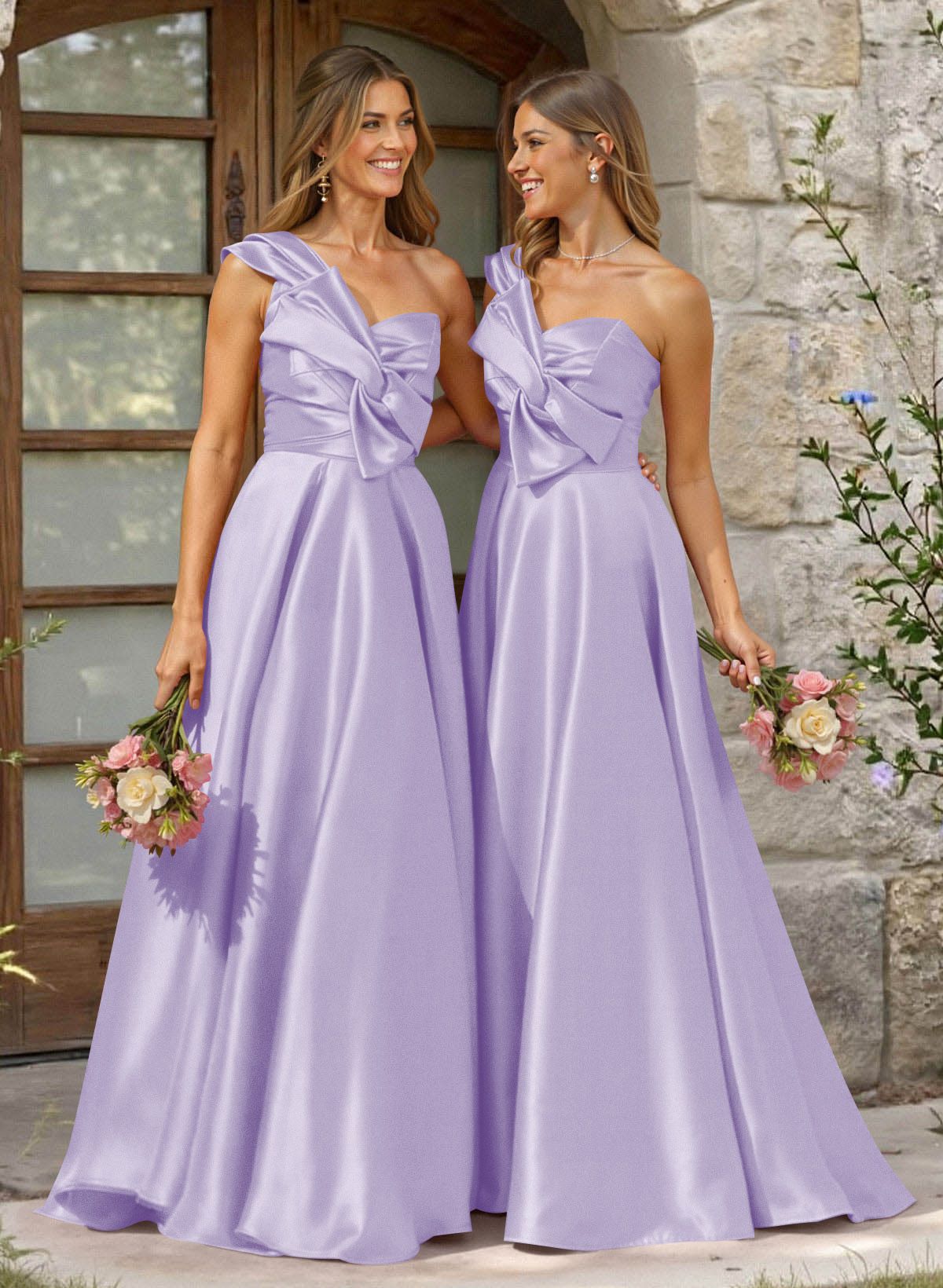 A-Line One-Shoulder Sleeveless Sweep Train Satin Bridesmaid Dresses, product image 33