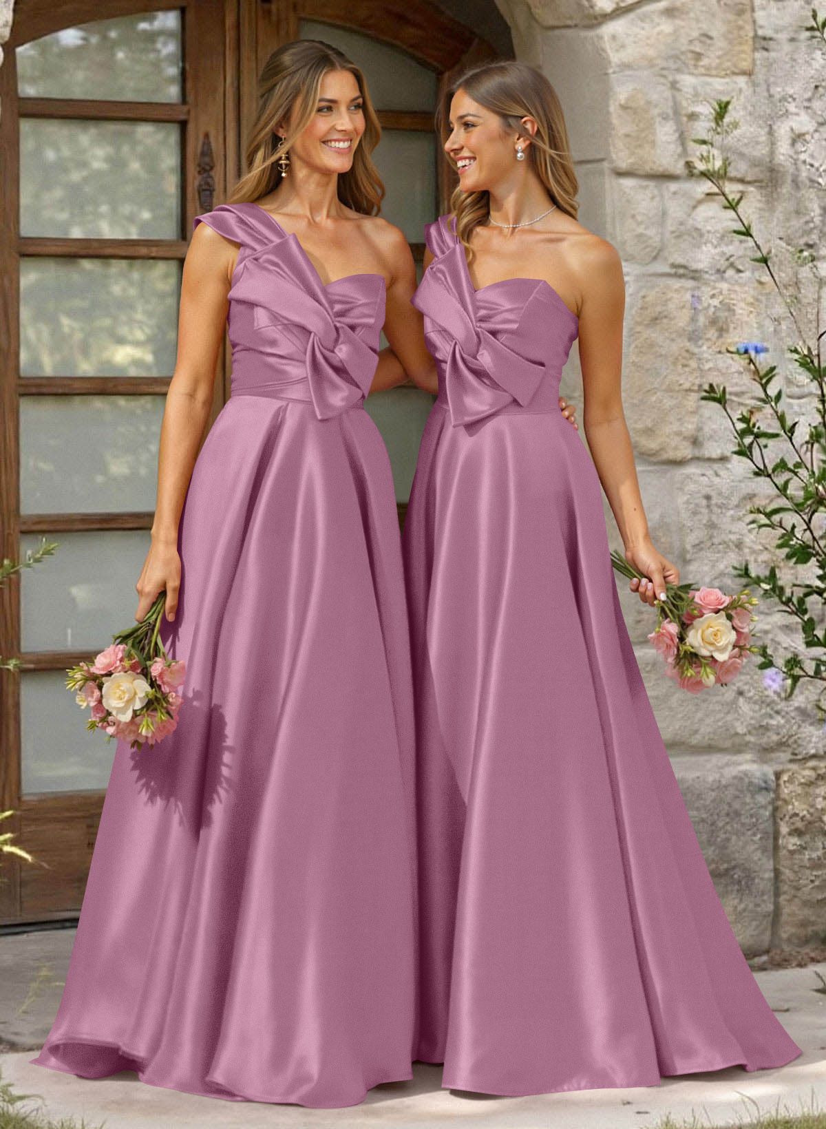 A-Line One-Shoulder Sleeveless Sweep Train Satin Bridesmaid Dresses, product image 32