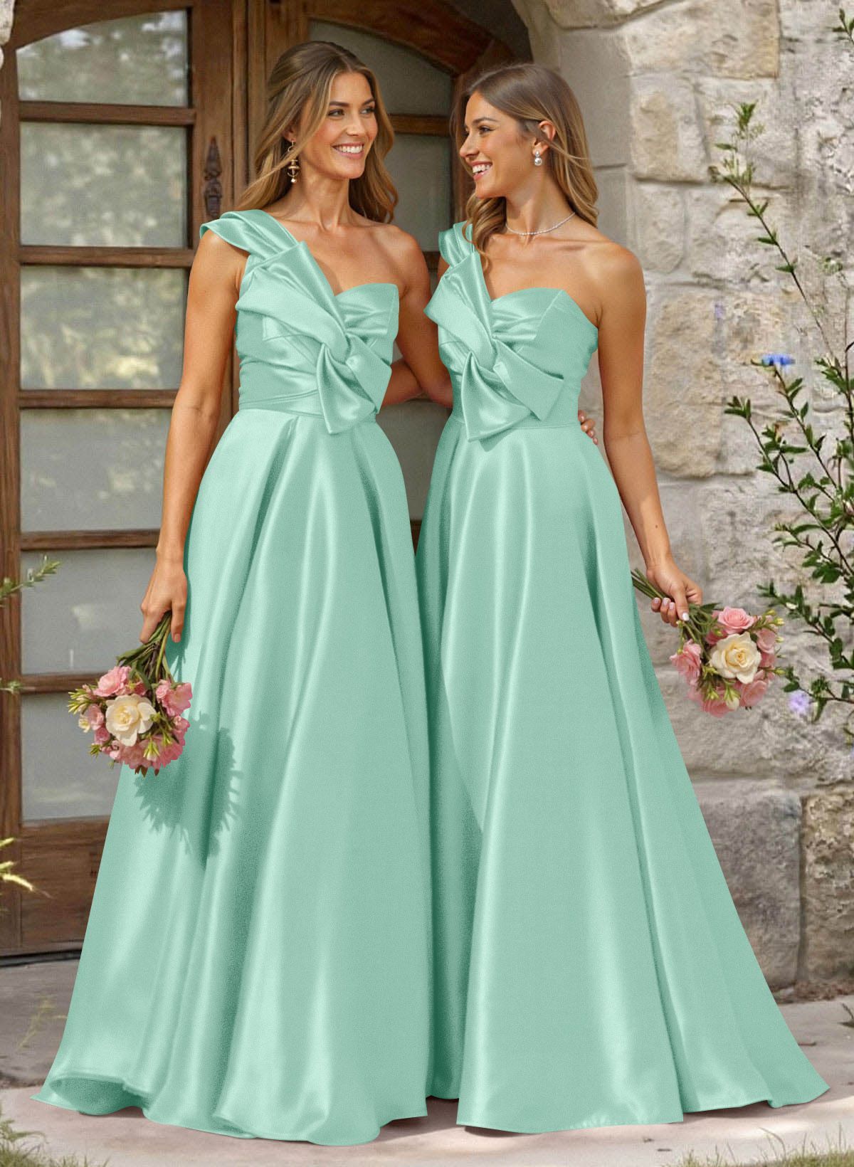 A-Line One-Shoulder Sleeveless Sweep Train Satin Bridesmaid Dresses, product image 46