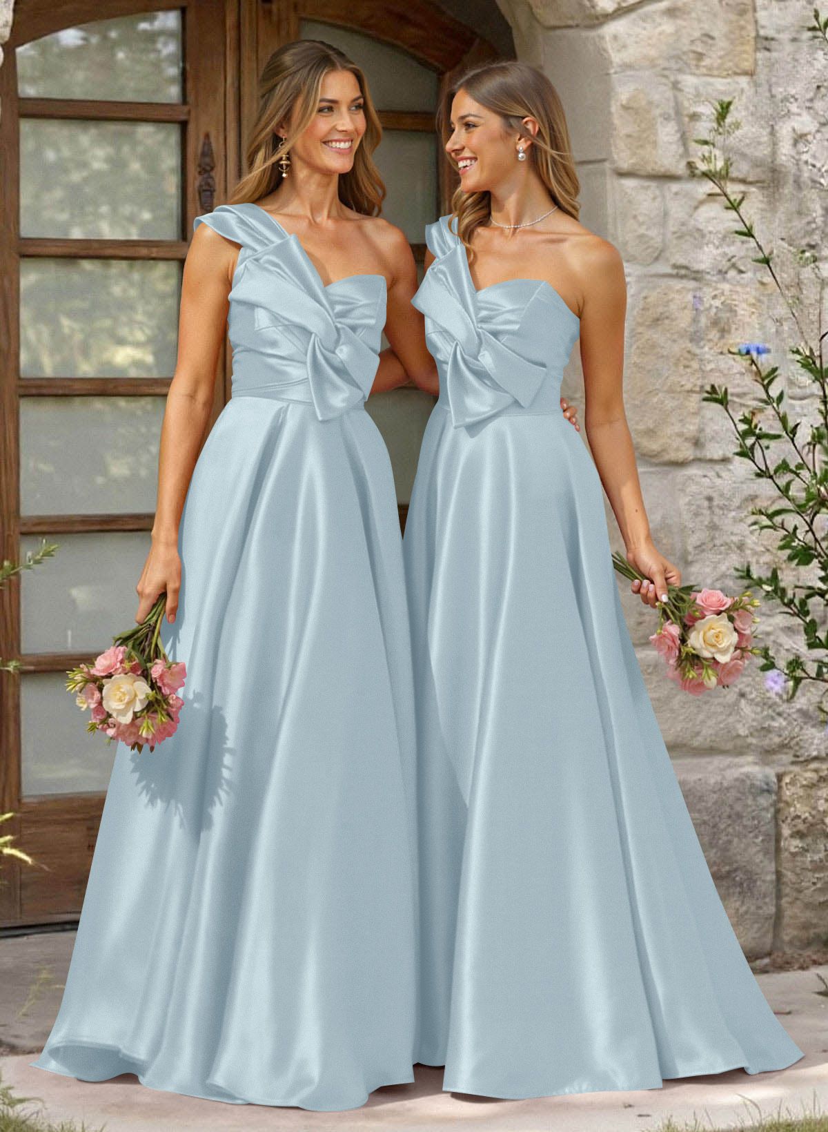 A-Line One-Shoulder Sleeveless Sweep Train Satin Bridesmaid Dresses, product image 14