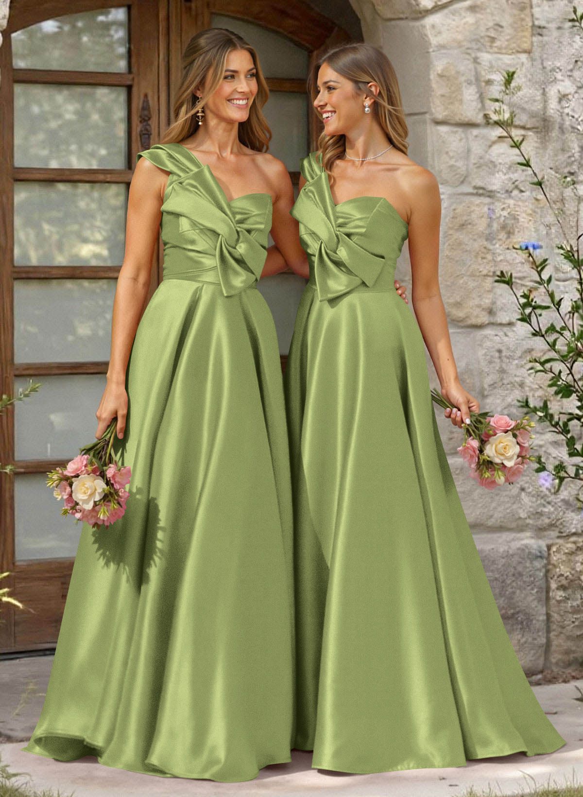 A-Line One-Shoulder Sleeveless Sweep Train Satin Bridesmaid Dresses, product image 67