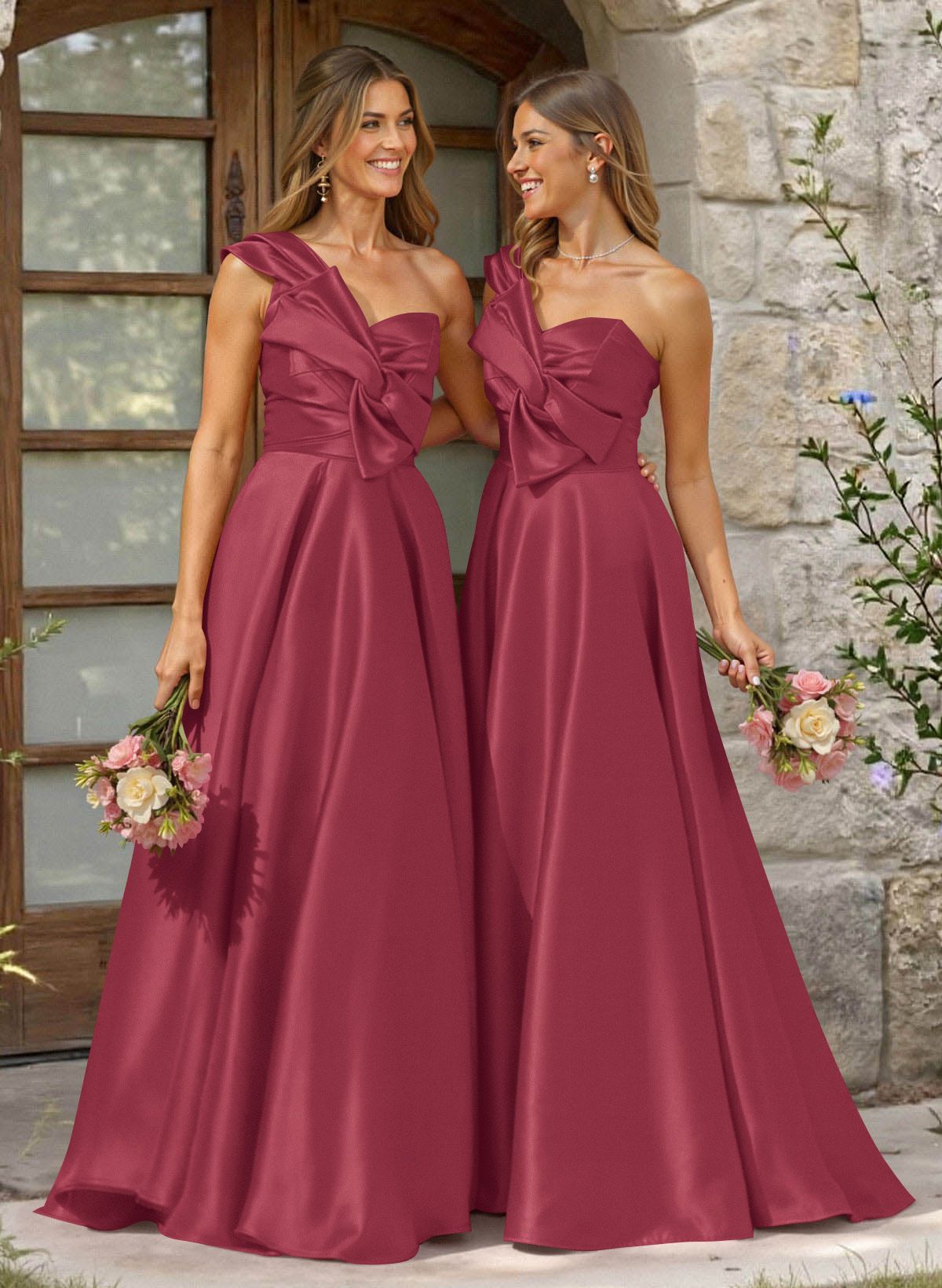 A-Line One-Shoulder Sleeveless Sweep Train Satin Bridesmaid Dresses, product image 18
