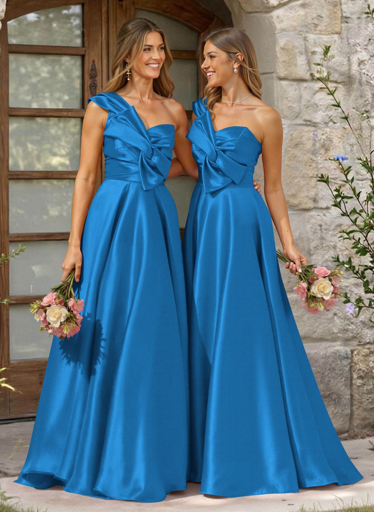 A-Line One-Shoulder Sleeveless Sweep Train Satin Bridesmaid Dresses, product image 10