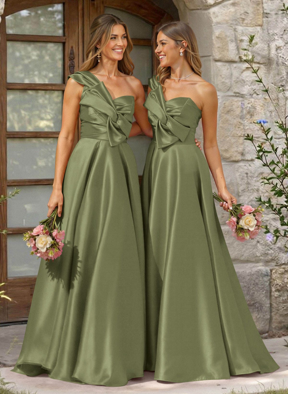 A-Line One-Shoulder Sleeveless Sweep Train Satin Bridesmaid Dresses, product image 61