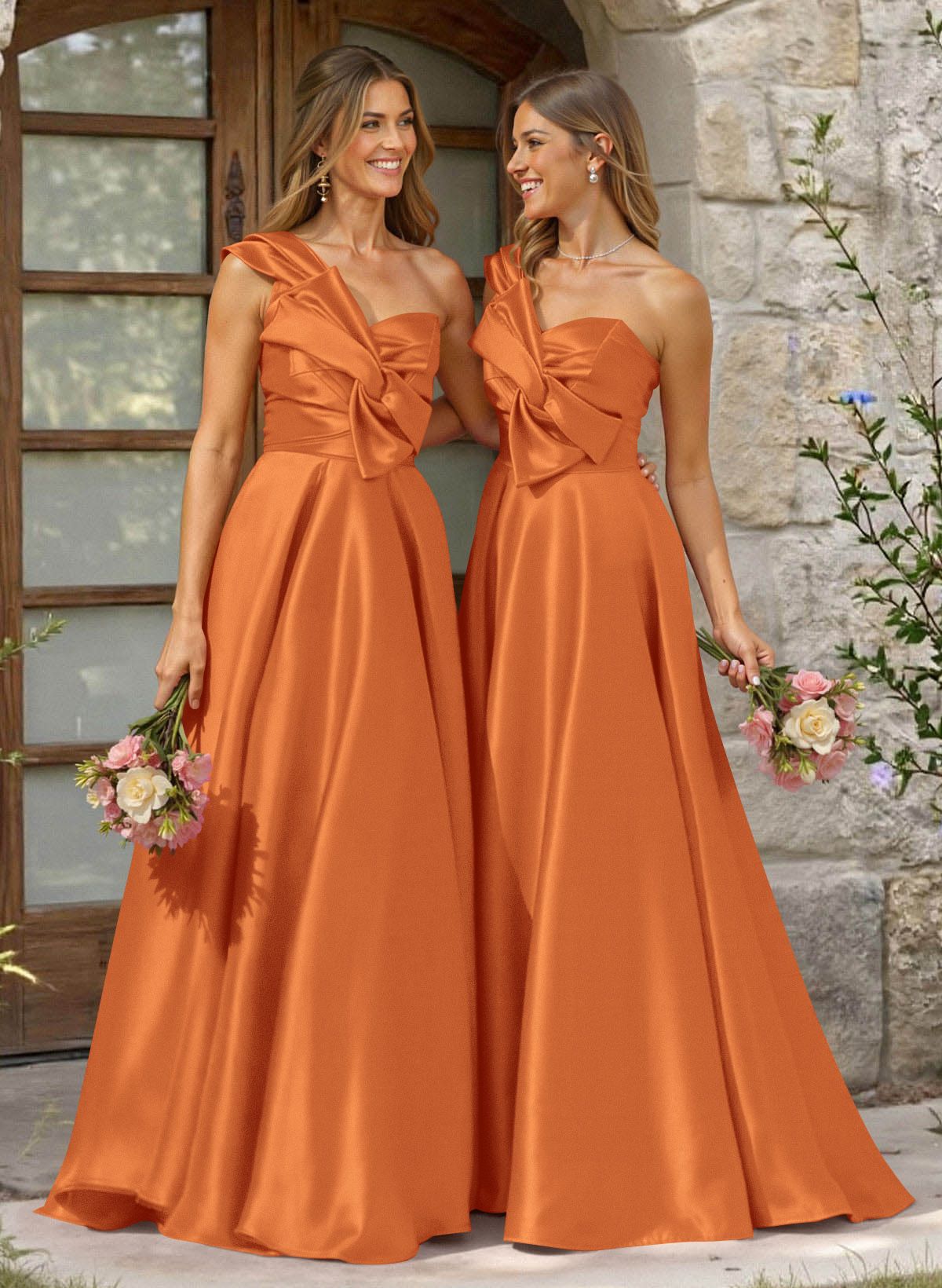 A-Line One-Shoulder Sleeveless Sweep Train Satin Bridesmaid Dresses, product image 52