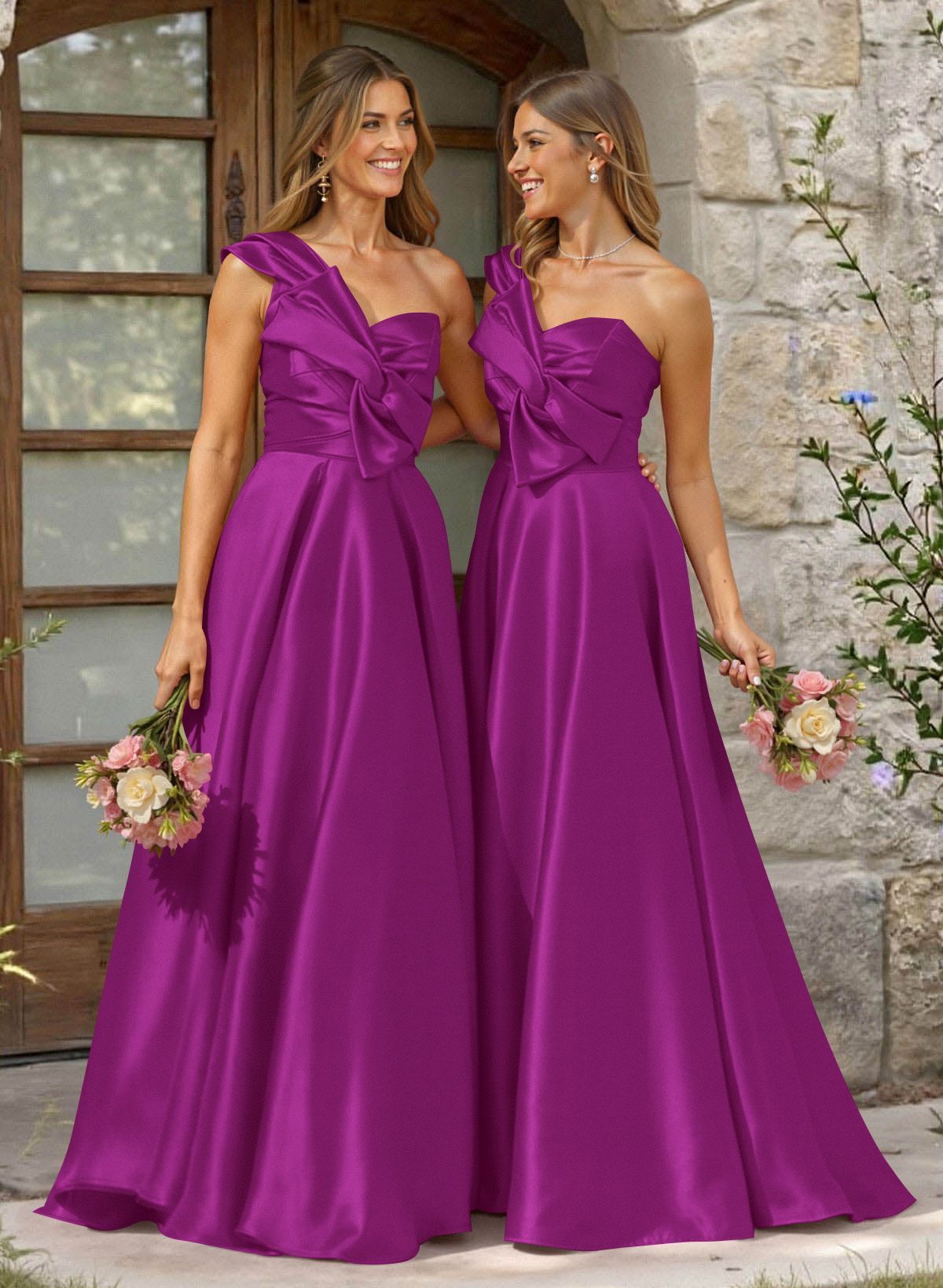 A-Line One-Shoulder Sleeveless Sweep Train Satin Bridesmaid Dresses, product image 37