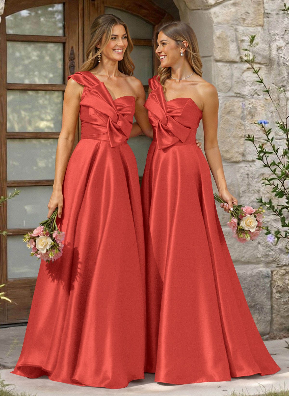 A-Line One-Shoulder Sleeveless Sweep Train Satin Bridesmaid Dresses, product image 53