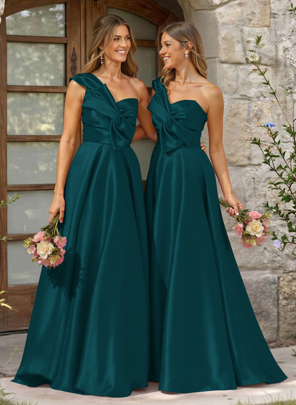 A-Line One-Shoulder Sleeveless Sweep Train Satin Bridesmaid Dresses, product image 42