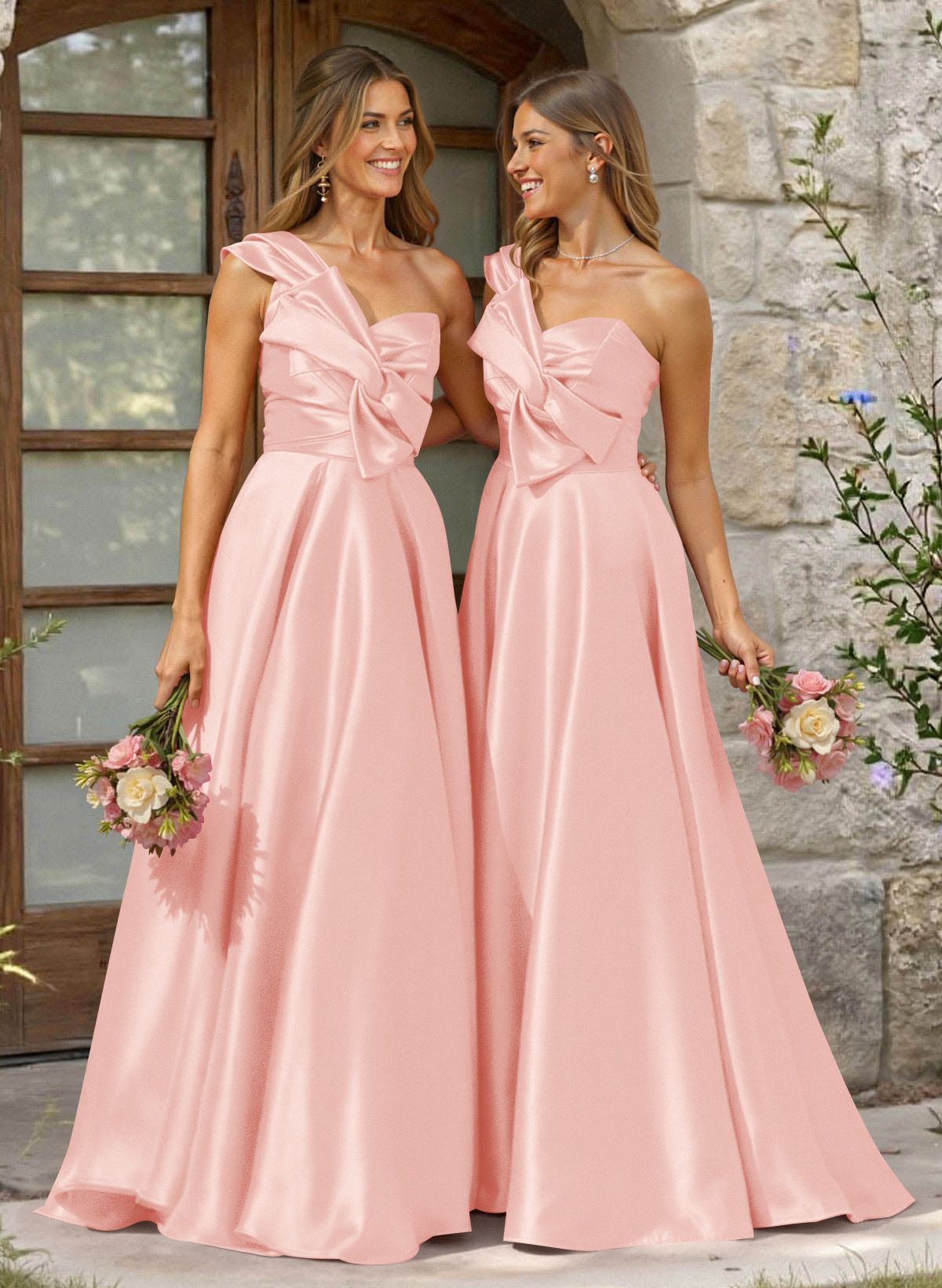 A-Line One-Shoulder Sleeveless Sweep Train Satin Bridesmaid Dresses, product image 23