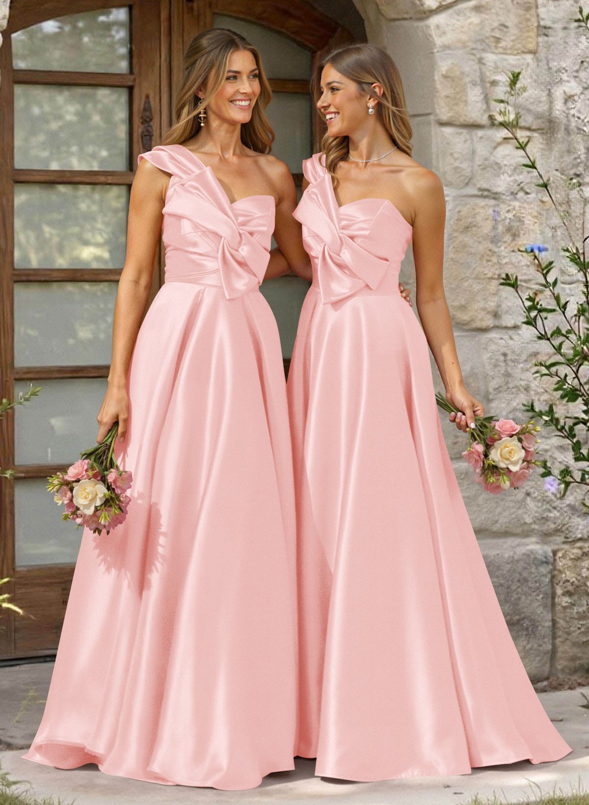 A-Line One-Shoulder Sleeveless Sweep Train Satin Bridesmaid Dresses, product image 25
