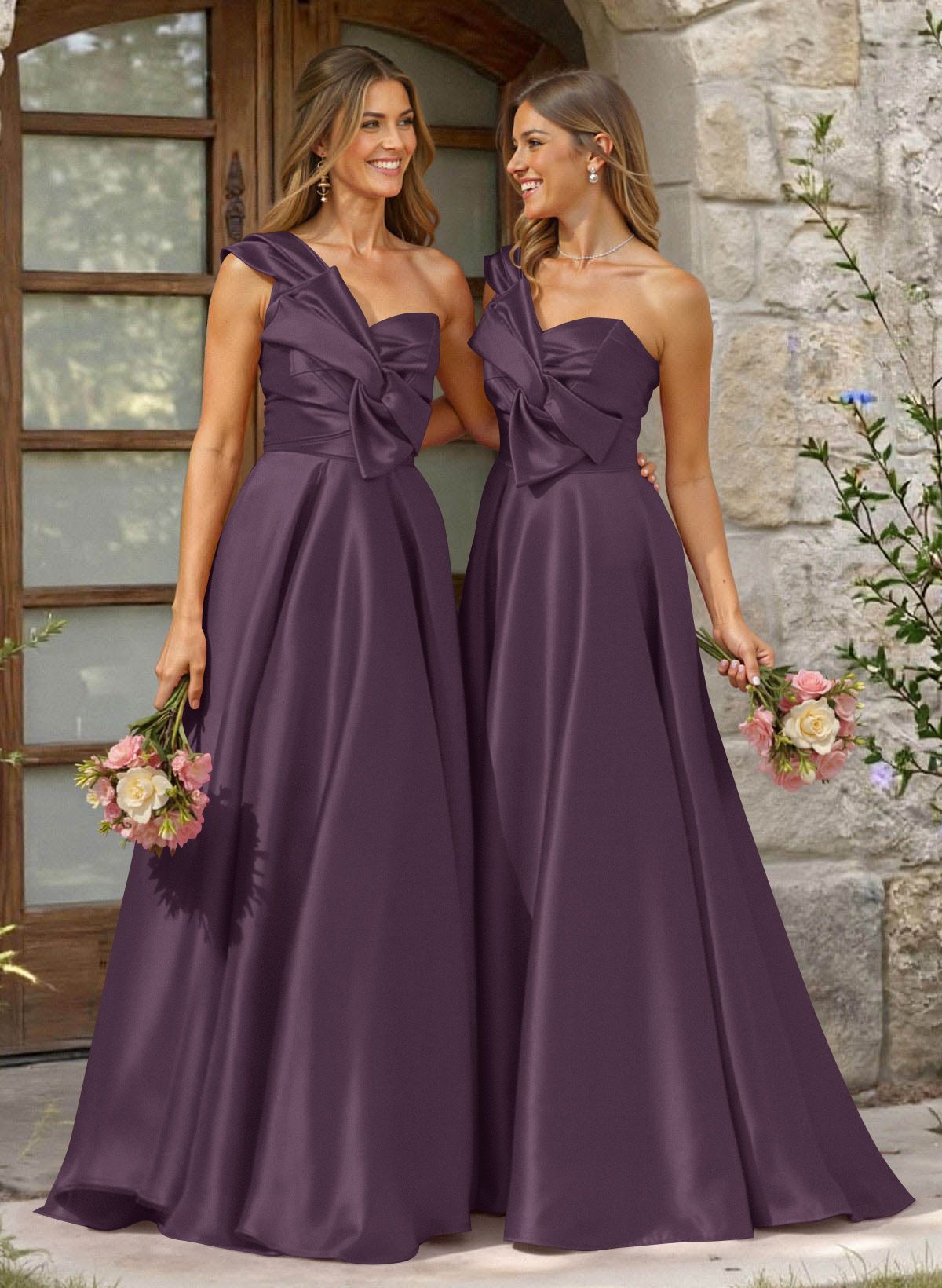 A-Line One-Shoulder Sleeveless Sweep Train Satin Bridesmaid Dresses, product image 60