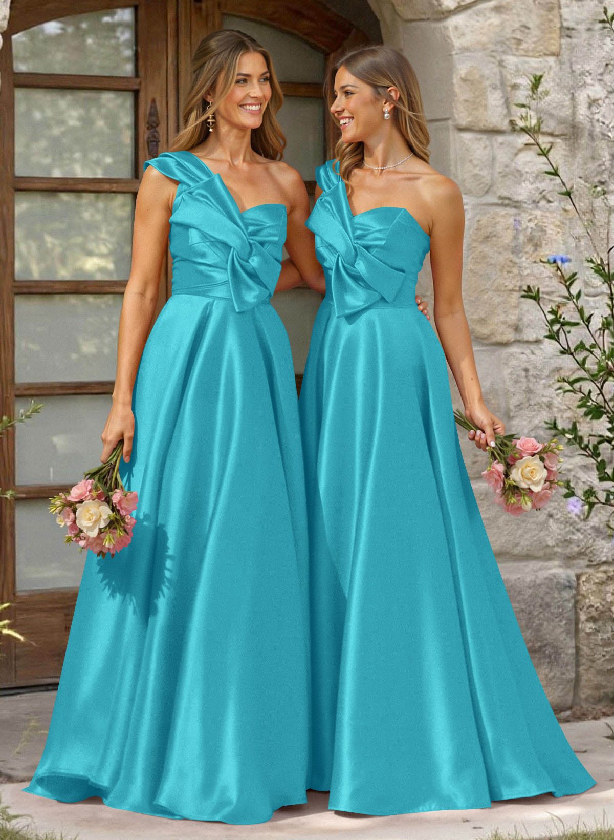 A-Line One-Shoulder Sleeveless Sweep Train Satin Bridesmaid Dresses, product image 11