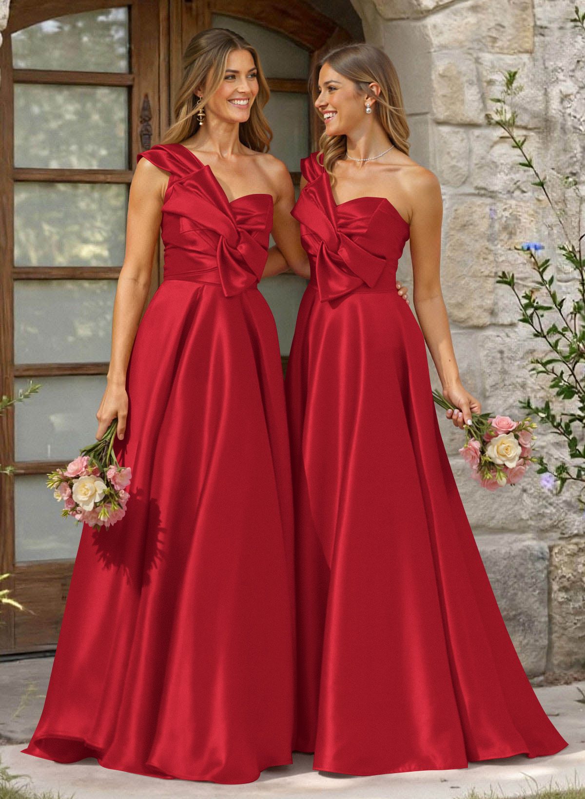 A-Line One-Shoulder Sleeveless Sweep Train Satin Bridesmaid Dresses, product image 19