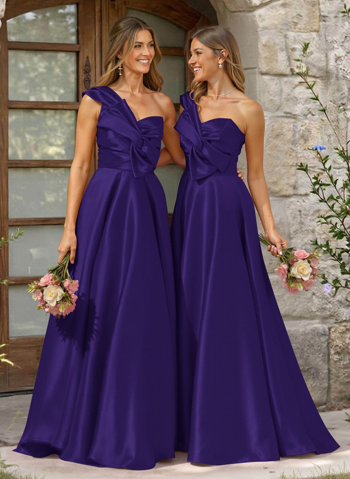A-Line One-Shoulder Sleeveless Sweep Train Satin Bridesmaid Dresses, product image 39