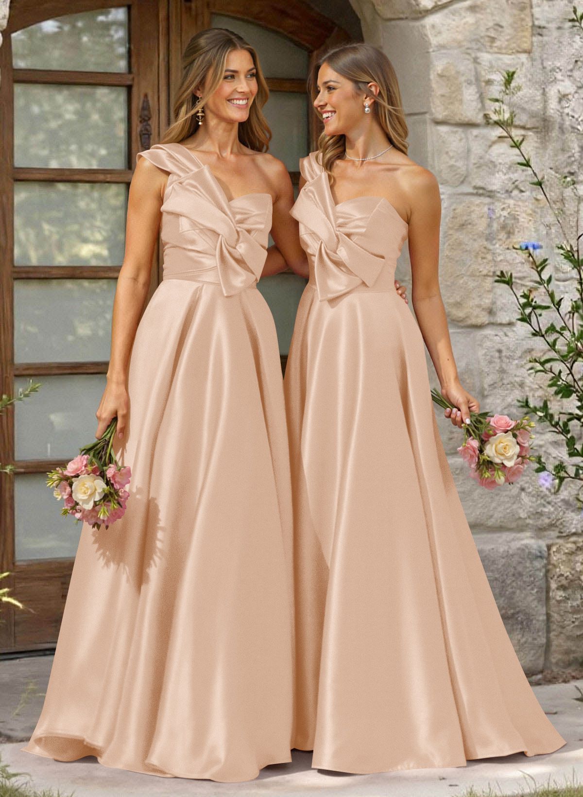 A-Line One-Shoulder Sleeveless Sweep Train Satin Bridesmaid Dresses, product image 64