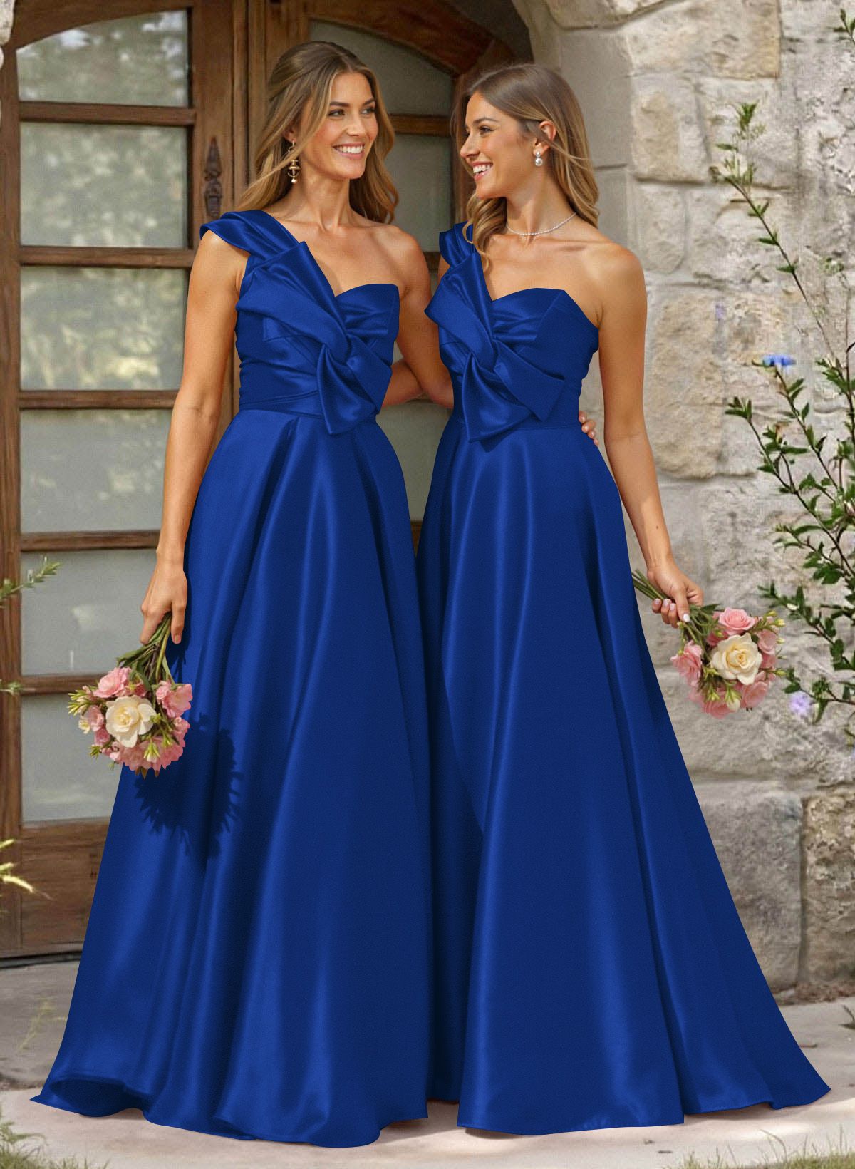 A-Line One-Shoulder Sleeveless Sweep Train Satin Bridesmaid Dresses, product image 9