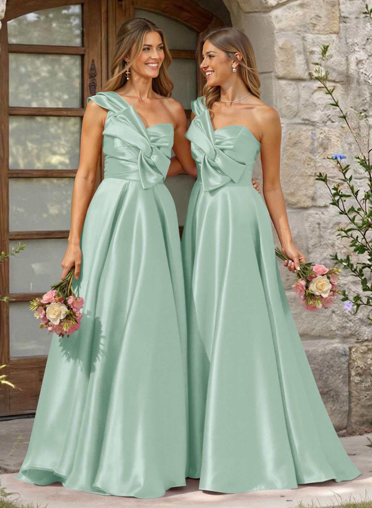 A-Line One-Shoulder Sleeveless Sweep Train Satin Bridesmaid Dresses, product image 45