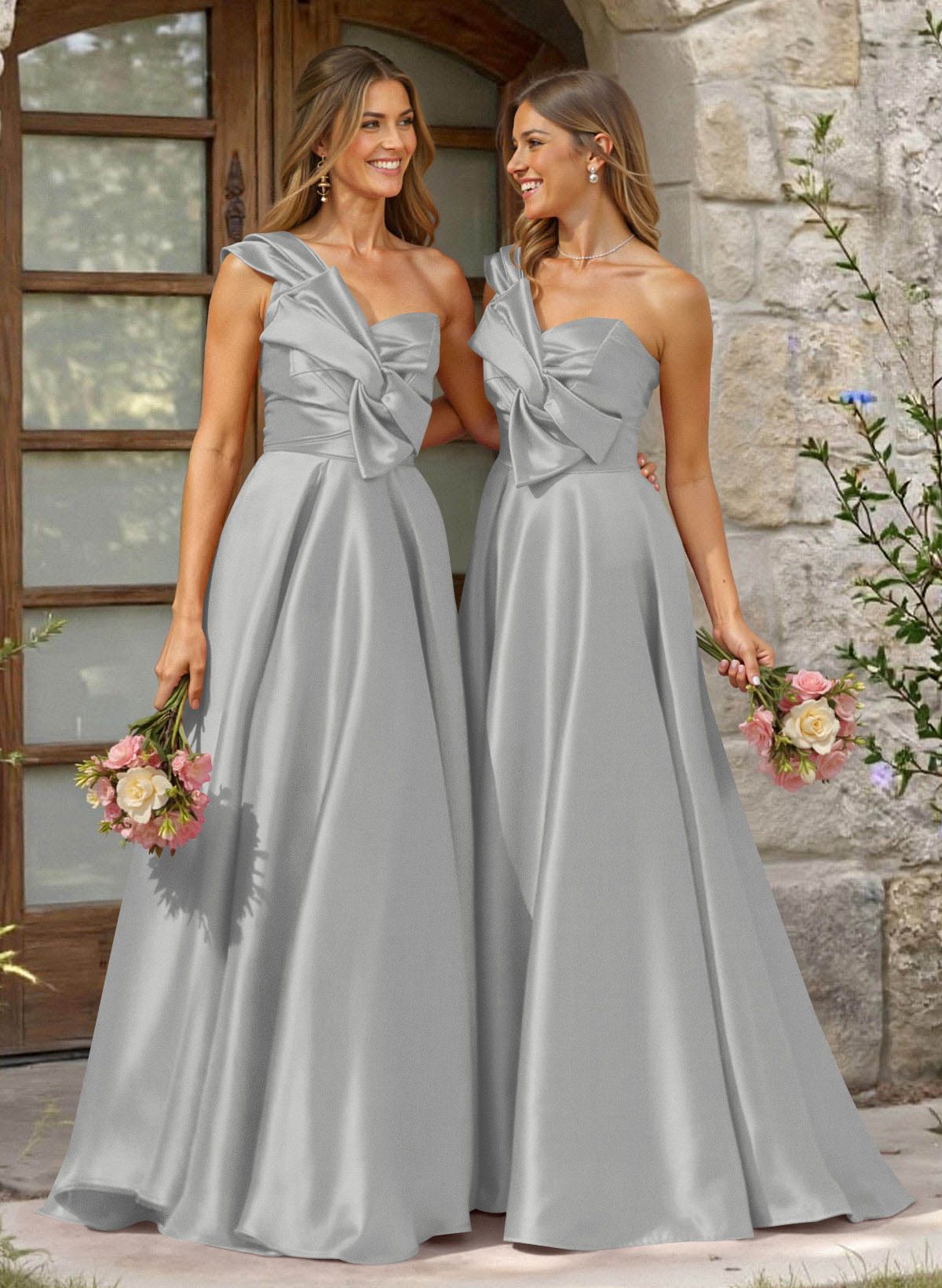 A-Line One-Shoulder Sleeveless Sweep Train Satin Bridesmaid Dresses, product image 57