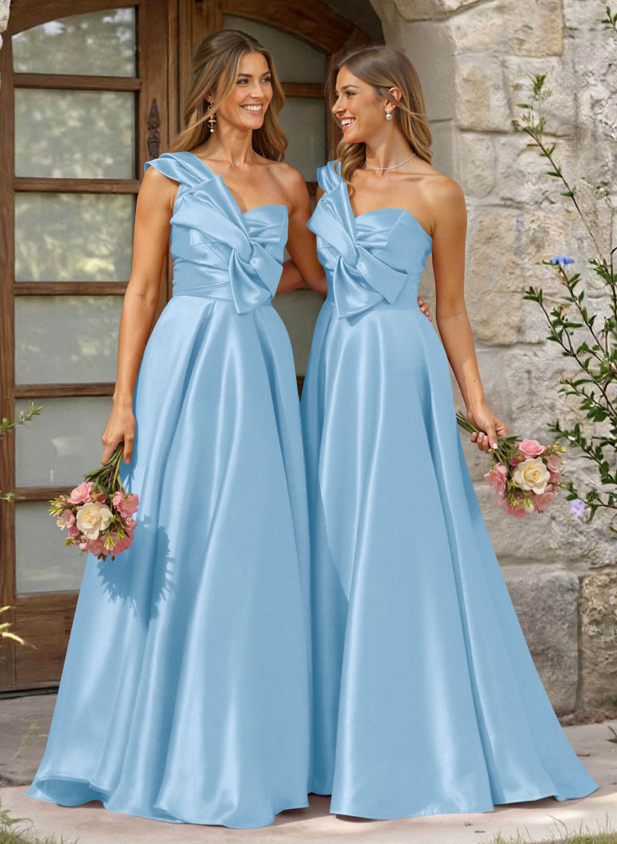A-Line One-Shoulder Sleeveless Sweep Train Satin Bridesmaid Dresses, product image 13