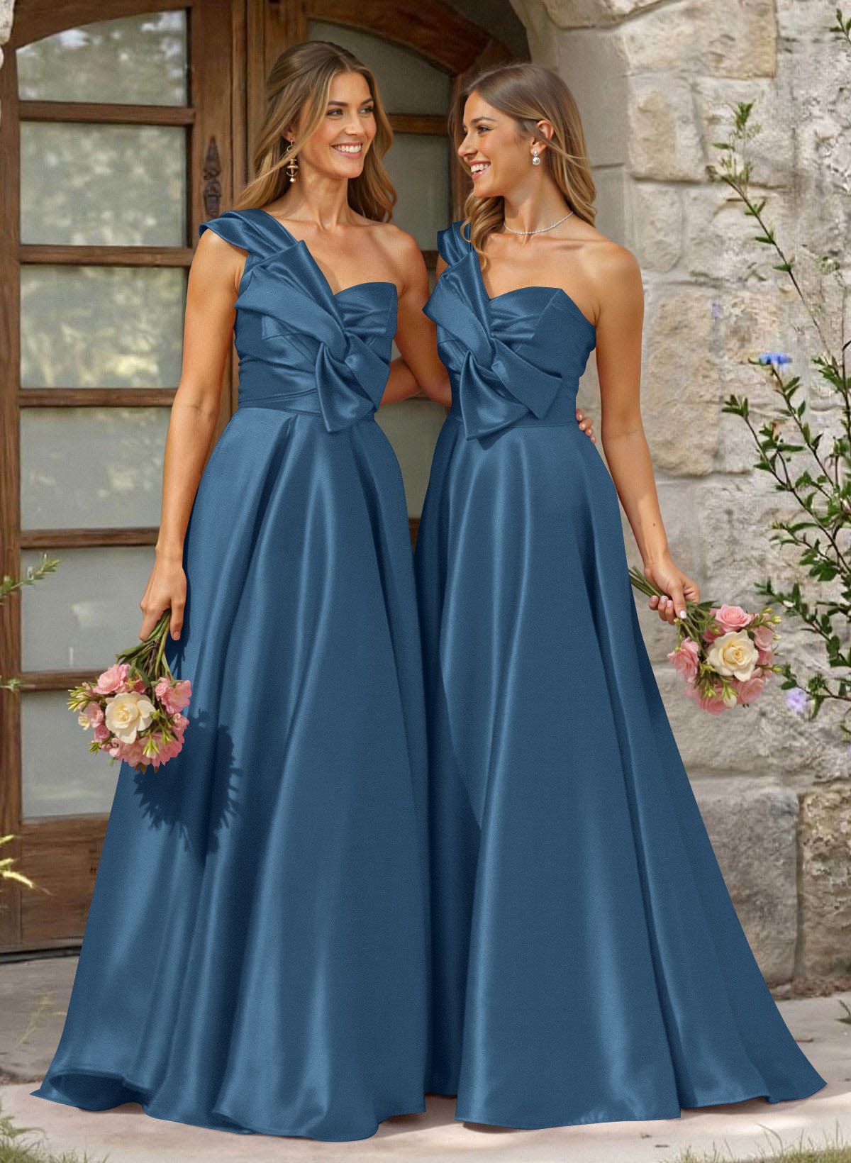 A-Line One-Shoulder Sleeveless Sweep Train Satin Bridesmaid Dresses, product image 6