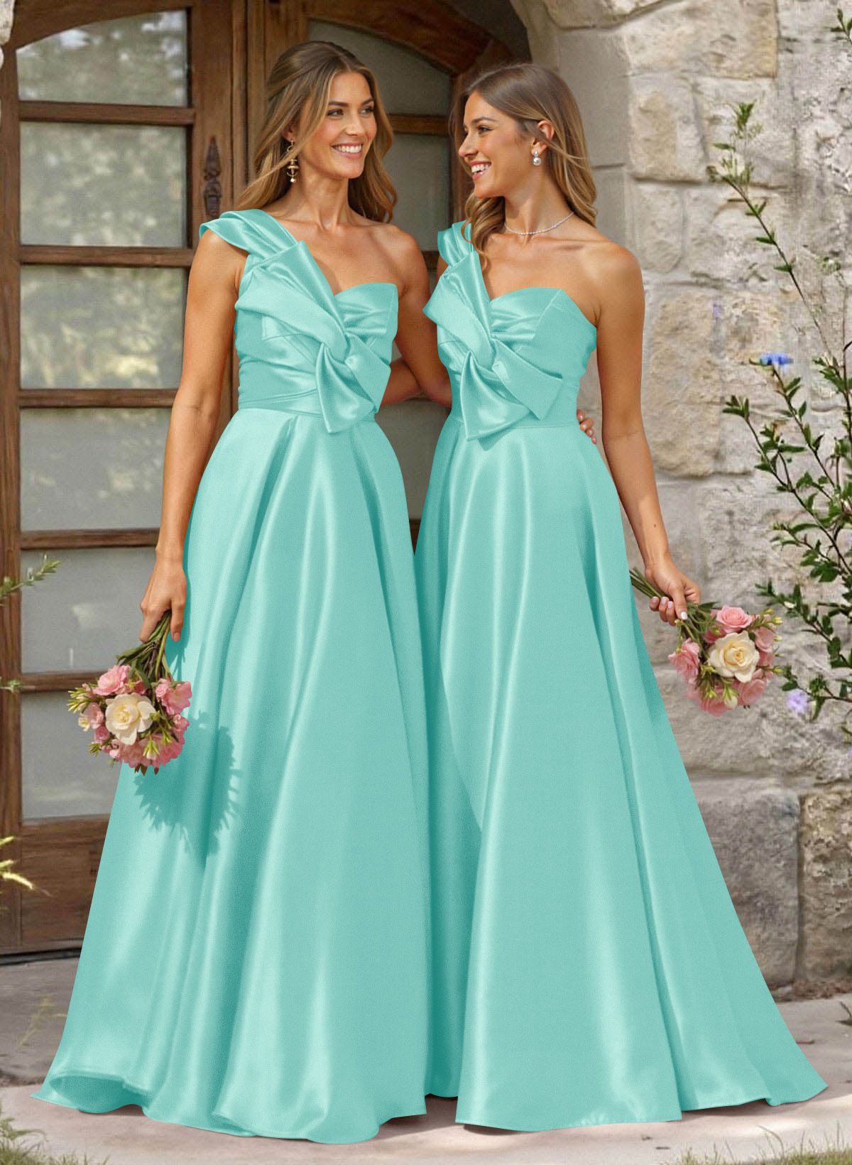 A-Line One-Shoulder Sleeveless Sweep Train Satin Bridesmaid Dresses, product image 47