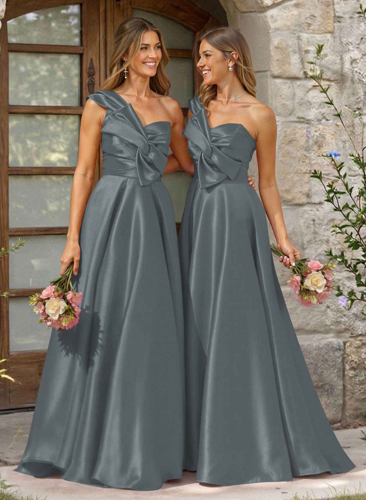 A-Line One-Shoulder Sleeveless Sweep Train Satin Bridesmaid Dresses, product image 58