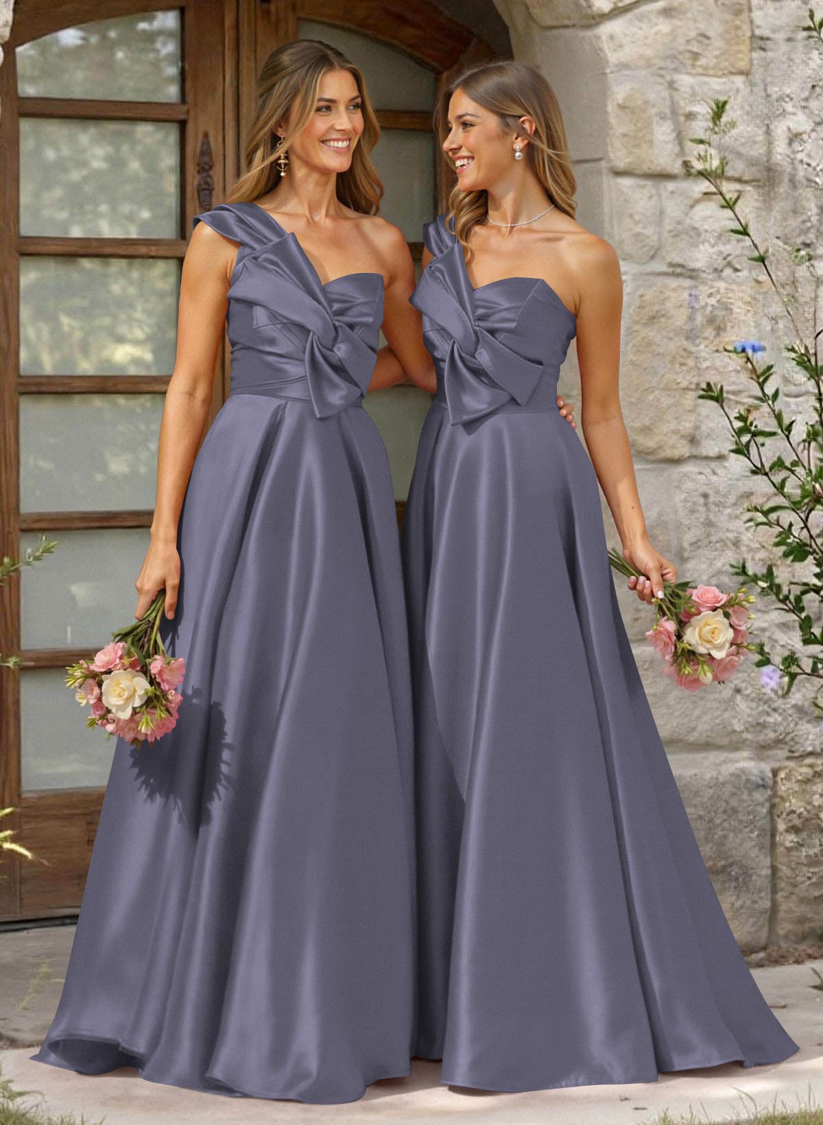 A-Line One-Shoulder Sleeveless Sweep Train Satin Bridesmaid Dresses, product image 7
