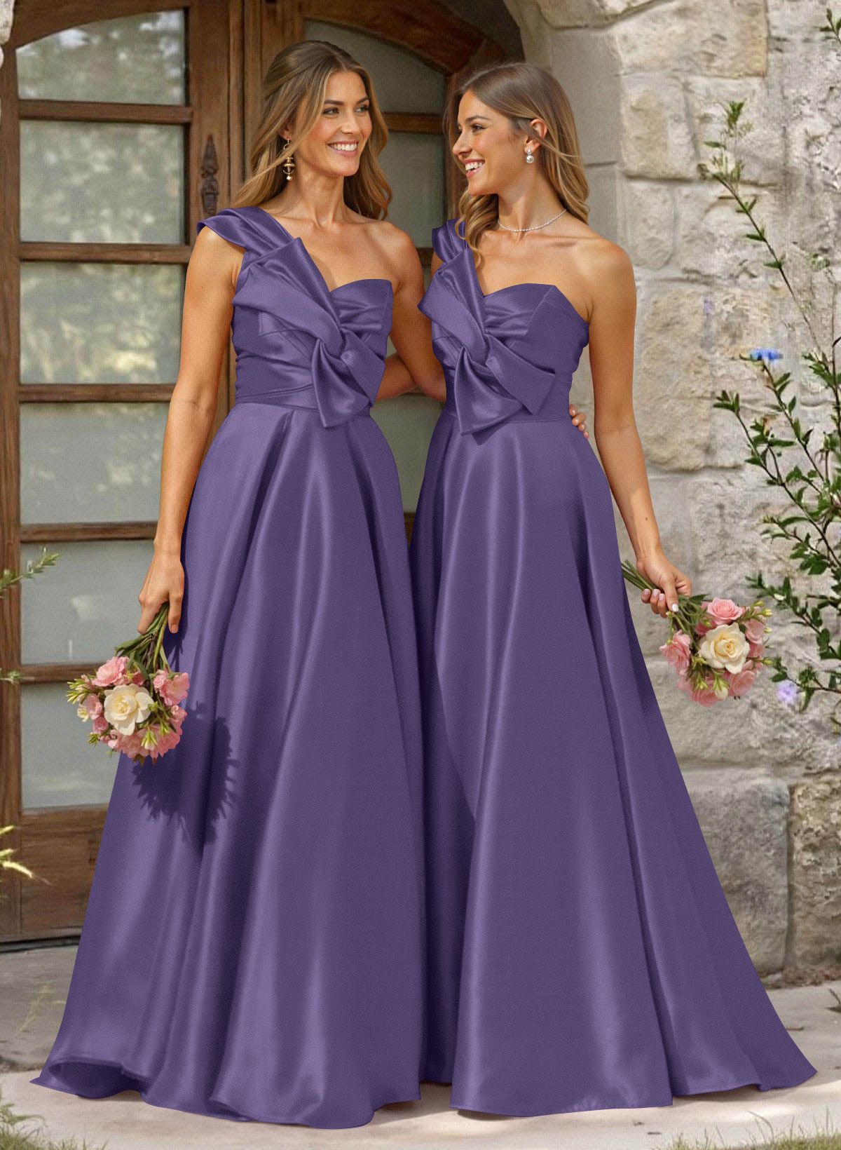 A-Line One-Shoulder Sleeveless Sweep Train Satin Bridesmaid Dresses, product image 35