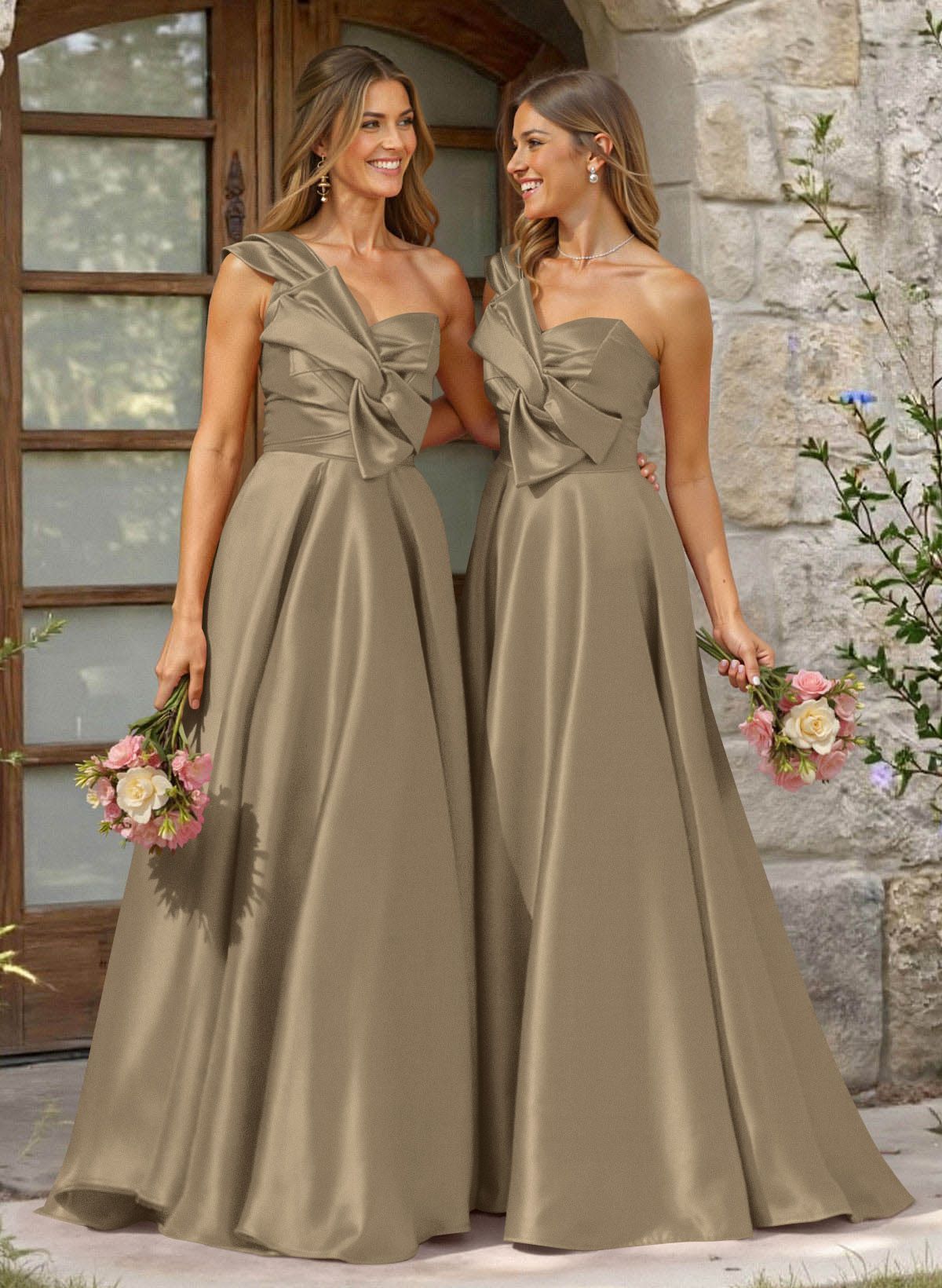 A-Line One-Shoulder Sleeveless Sweep Train Satin Bridesmaid Dresses, product image 49