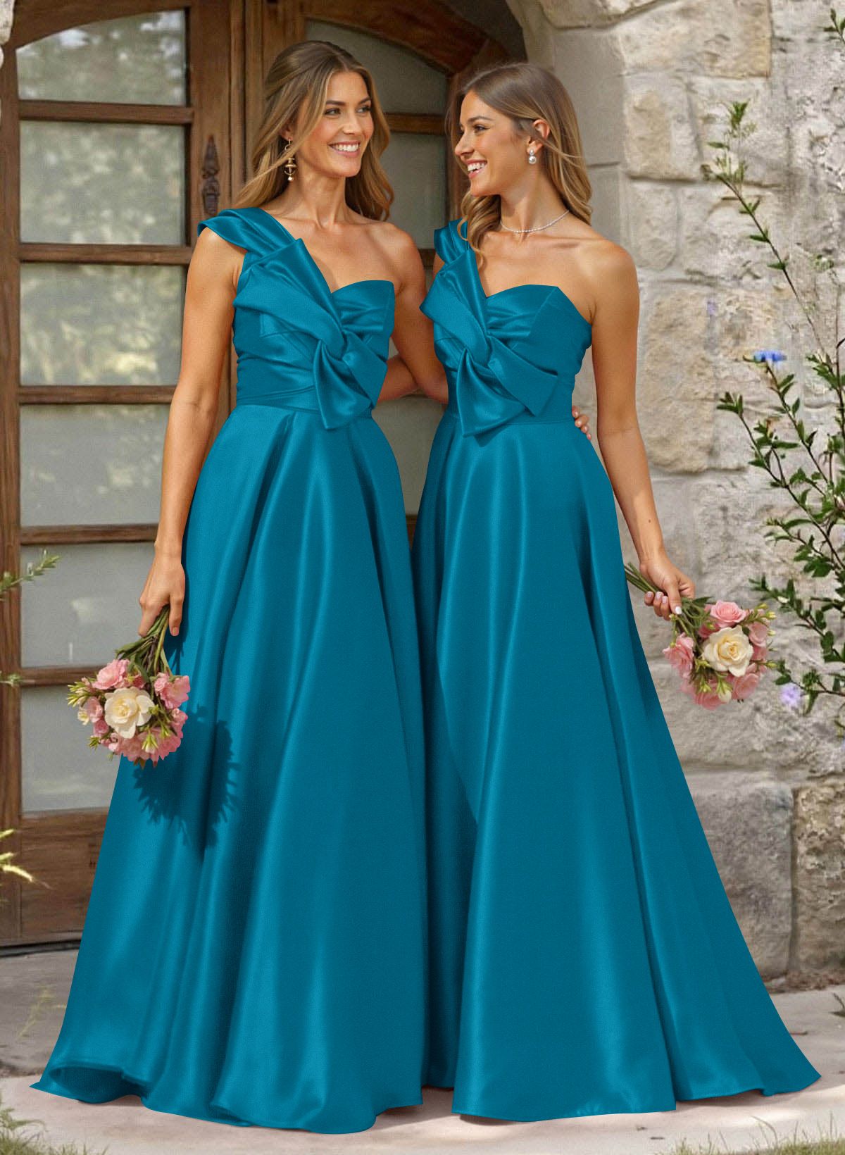 A-Line One-Shoulder Sleeveless Sweep Train Satin Bridesmaid Dresses, product image 69