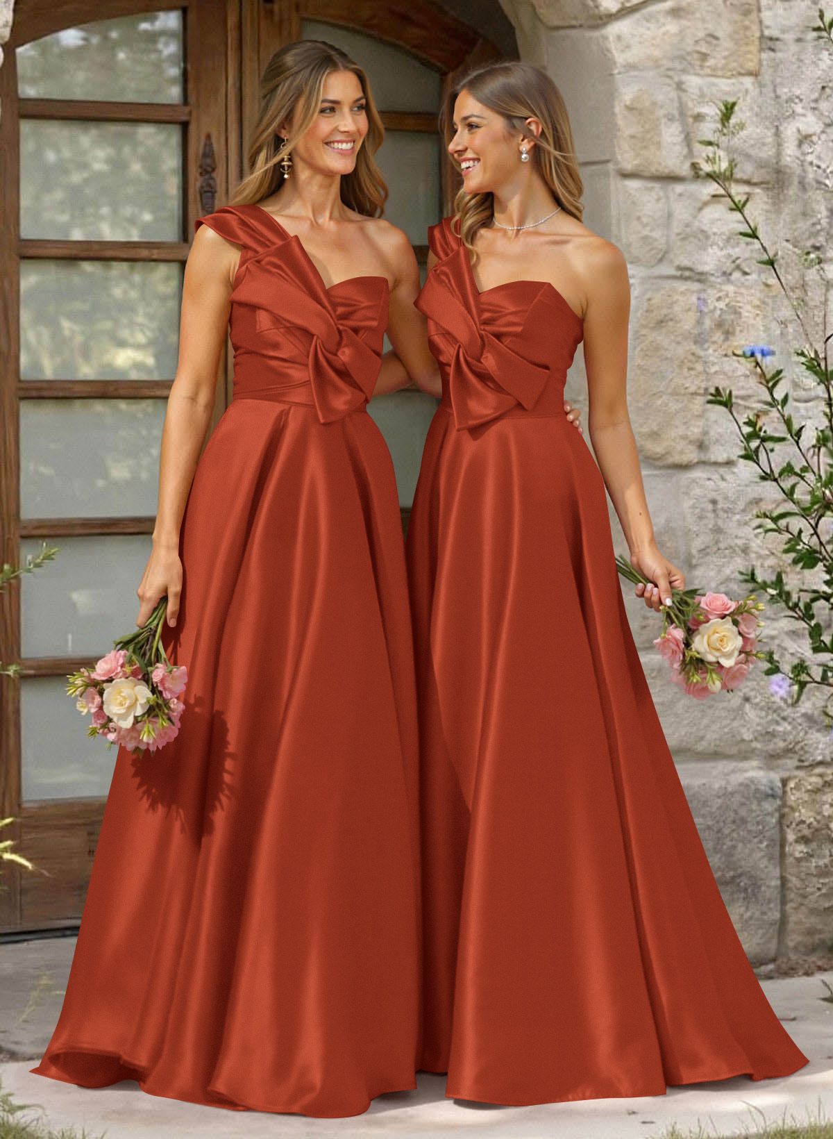 A-Line One-Shoulder Sleeveless Sweep Train Satin Bridesmaid Dresses, product image 68
