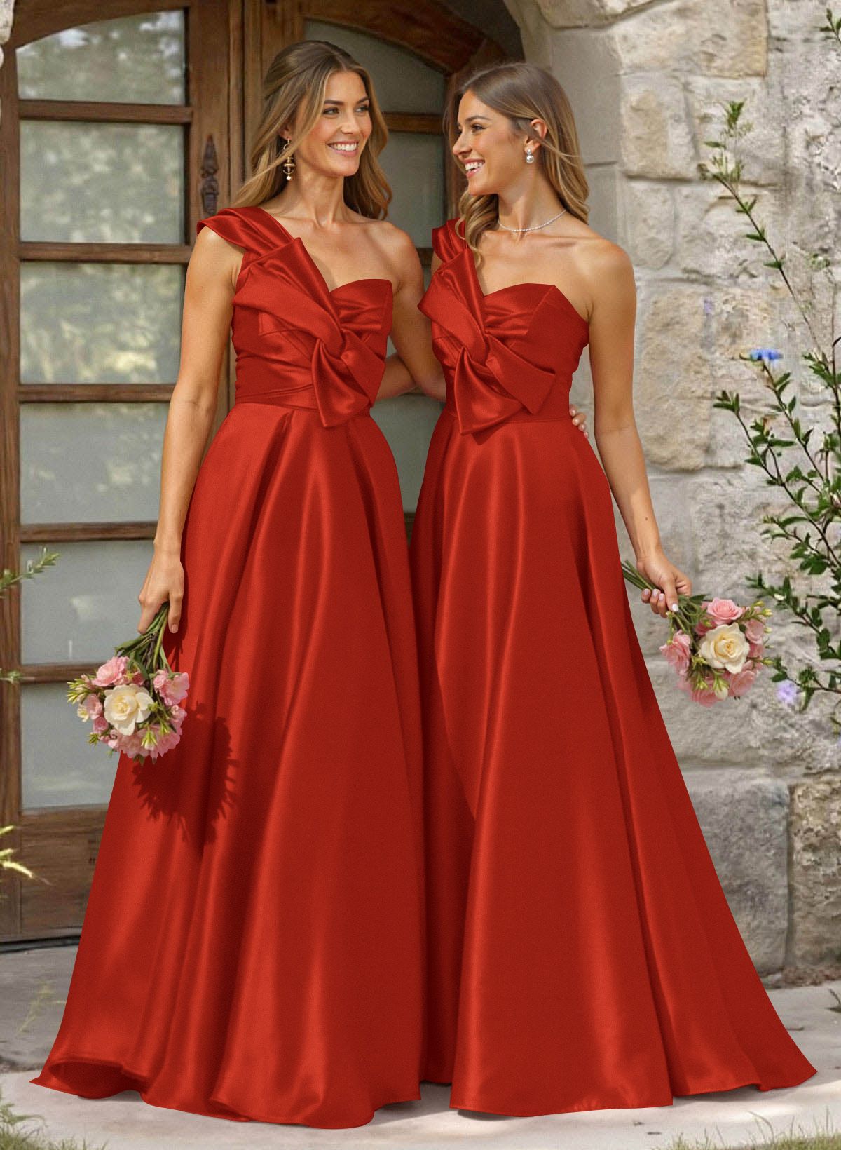 A-Line One-Shoulder Sleeveless Sweep Train Satin Bridesmaid Dresses, product image 20
