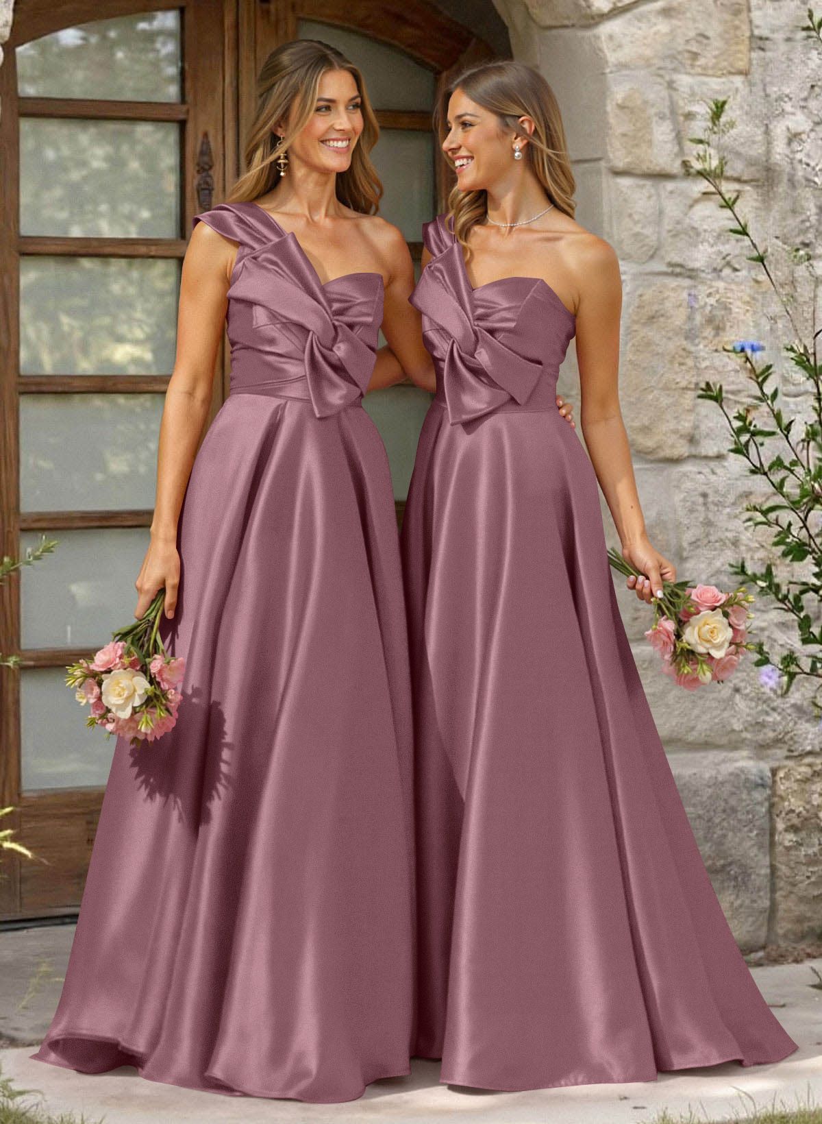 A-Line One-Shoulder Sleeveless Sweep Train Satin Bridesmaid Dresses, product image 31