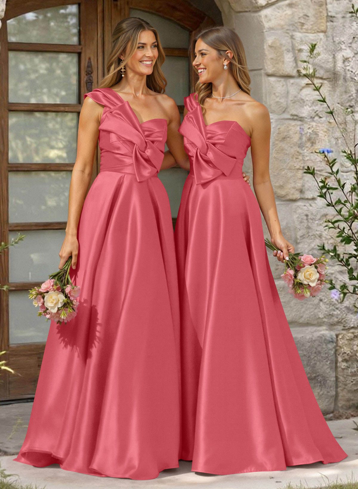 A-Line One-Shoulder Sleeveless Sweep Train Satin Bridesmaid Dresses, product image 21