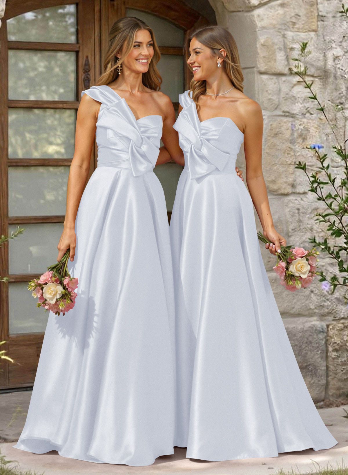 A-Line One-Shoulder Sleeveless Sweep Train Satin Bridesmaid Dresses, product image 56