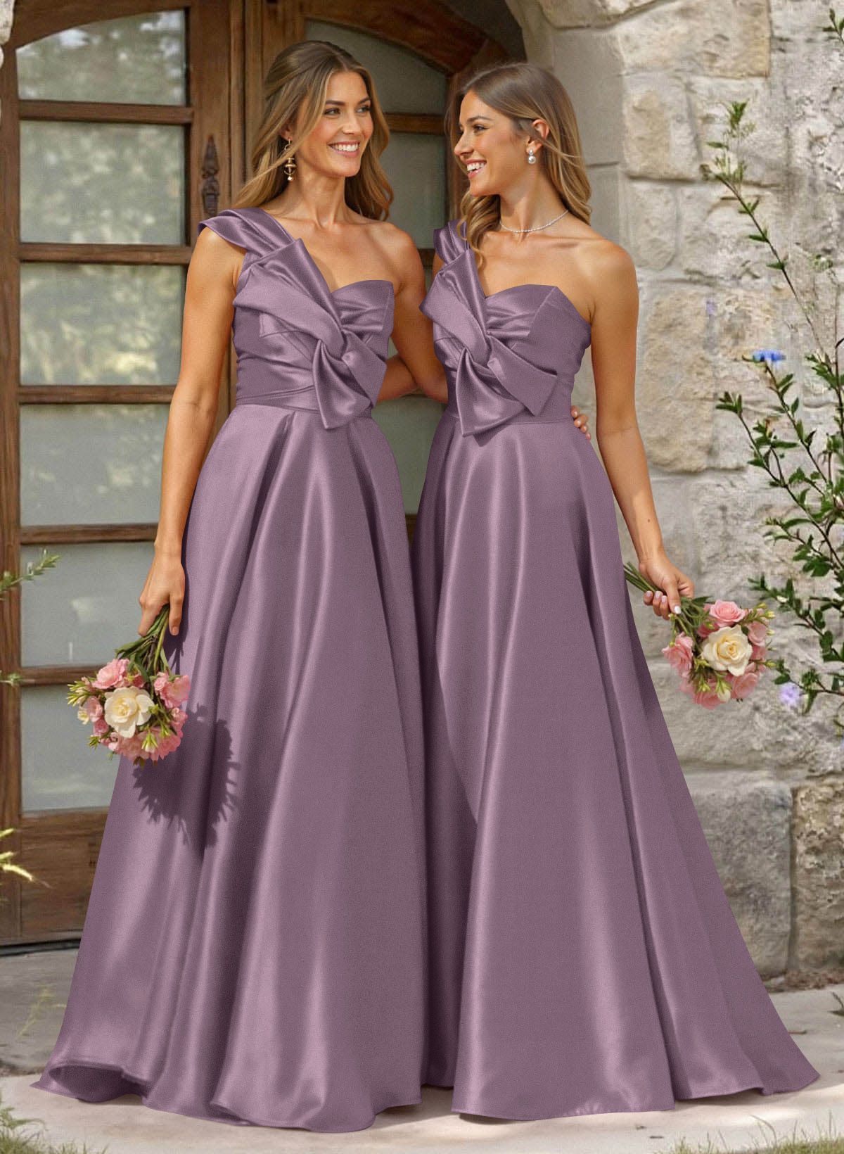 A-Line One-Shoulder Sleeveless Sweep Train Satin Bridesmaid Dresses, product image 30