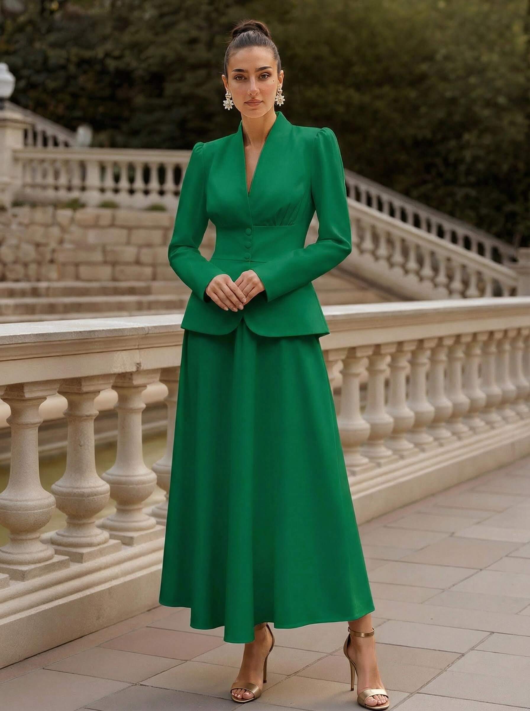 Two Pieces A-Line V-Neck Long Sleeves Ankle-Length Elastic Satin Mother Of The Bride Dresses